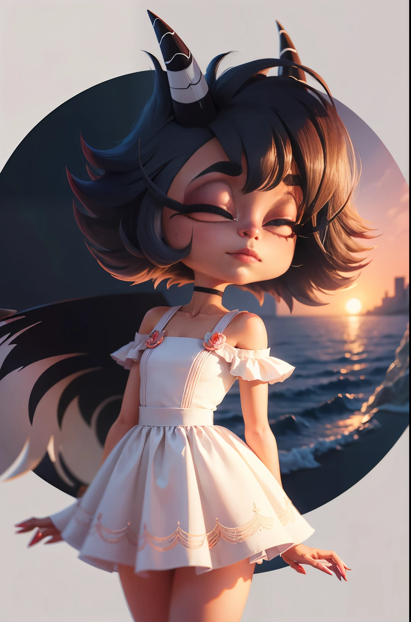 an illustration of a Chibi-style demon, vestido branco na altura do joelho, cabelo castanho curto, celestial, com efeitos dourados e rosa, friendly, Corpo todo, Pixar renderizado no fundo branco liso, 16K, altamente renderizado, obras de arte infantis.  