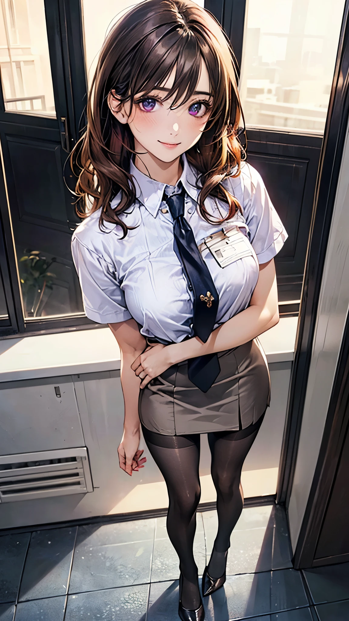 (masterpiece:1.2, top-quality), (realistic, photorealistic:1.4), beautiful illustration, (natural side lighting, movie lighting), 
looking at viewer, (full body, front view), 1 girl, japanese, adult, beautiful sexy secretary, perfect face, cute and symmetrical face, shiny skin, 
(middle hair:1.4, wavy hair:1.2, light brown hair), hair between eyes, dark purple eyes, long eye lasher, (mideum breasts, seductive thighs, big ass), nipple hardening, slender, 
beautiful hair, beautiful face, beautiful detailed eyes, beautiful clavicle, beautiful body, beautiful chest, beautiful thigh, beautiful legs, beautiful fingers, 
((detailed cloth texture, business jacket, short sleeves white collared shirts, extremely short skirt, seamed stockings, tie), high heels), 
(beautiful scenery), evening, ((in the office)), walking, strokes herself, craves sex, id card, holding a tablet PC, (seductive smile),