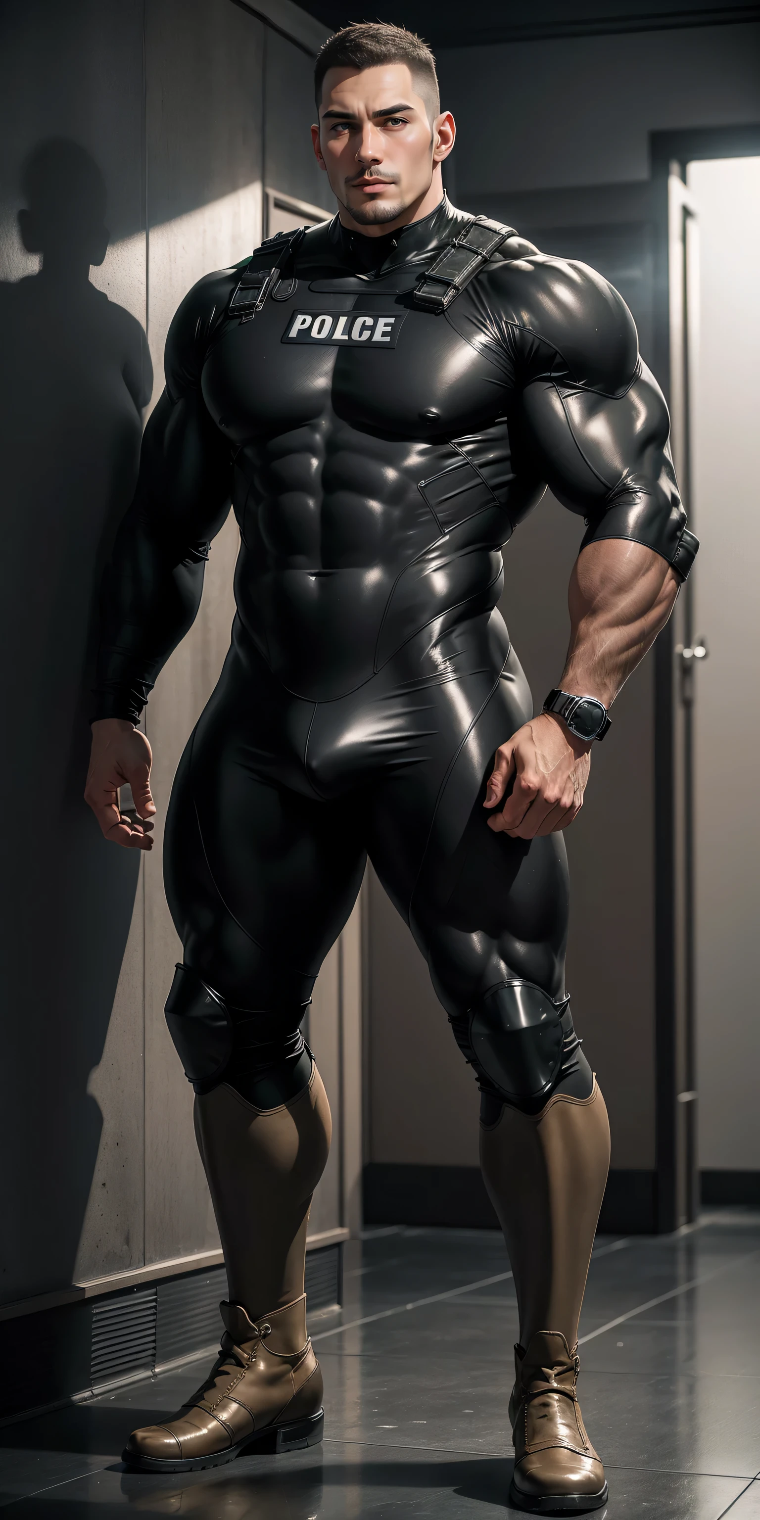 Unusually tall, huge, muscular police officer.,Vinyl brown khaki camouflage wetsuit,he faces the wall,Hold the wall with both hands,,Highlights,character idea(Resident Evil - chris redfield,chris redfield)senior police officer,身穿Vinyl brown khaki camouflage wetsuit,matte texture,regular symmetrical texture pattern,Standing in a filthy athletic dormitory, There are swimming trunks and a sofa on the floor.,Valiant male pose,高大burly,muscular!Charming leg muscles,High, burly, Heqiang, 身穿Vinyl brown khaki camouflage wetsuit, Super gain and cool, high resolution committee, Big feet wearing black rubber brown boots,Charming strong man,The bright sunshine is shining on you,matte particles,shiny texture
