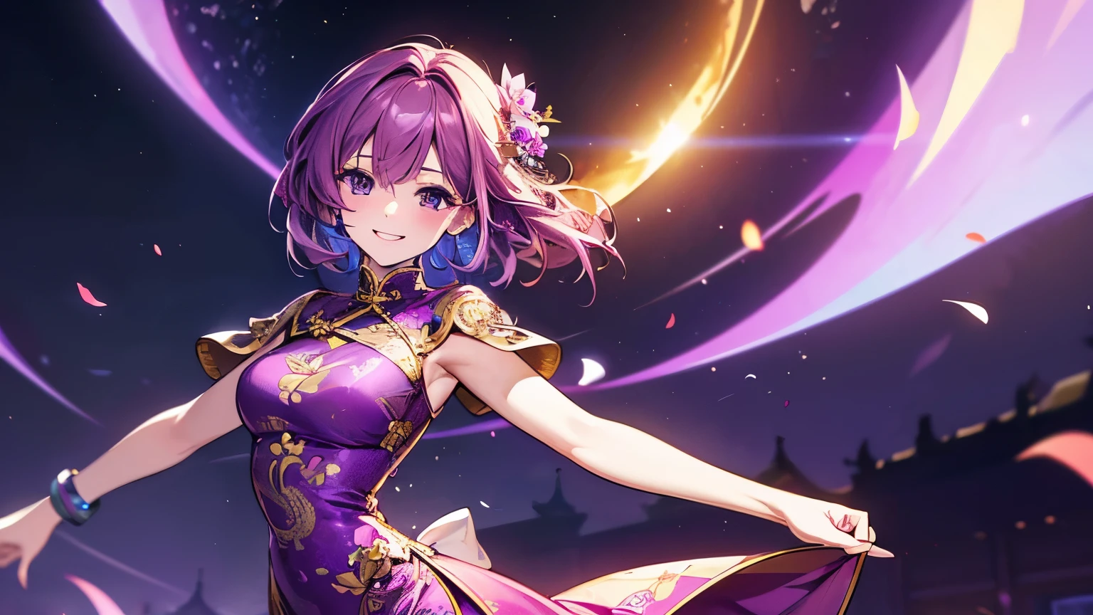 (T Masterpiece,4k wallpaper,best quality))、((girl1people))、(solo)、Shining and vivid,(purple hair)、(shortcut:1.3)、smile、China dress