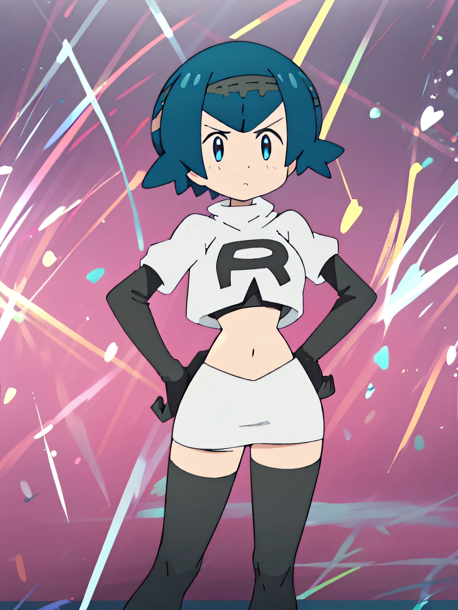 Colorful , masutepiece, Best Quality, 1girl in, , purple hair, middle hair, spike hair, Evil Female Executive, Goth Lolita Costume, a miniskirt, White stockings, Large red ribbon, a choker, White inner, black clothes, black boots, bat wings, , from below, looking at viewer, contrapposto, hand on hip, hairs between eyes, red eyes, shiny eyes,team rocket uniform, red letter r, white skirt,white crop top,black thigh-high boots, black elbow gloves, glaring angrily, looking at viewer, hands on hips, zettai ryouiki, cowboy shot