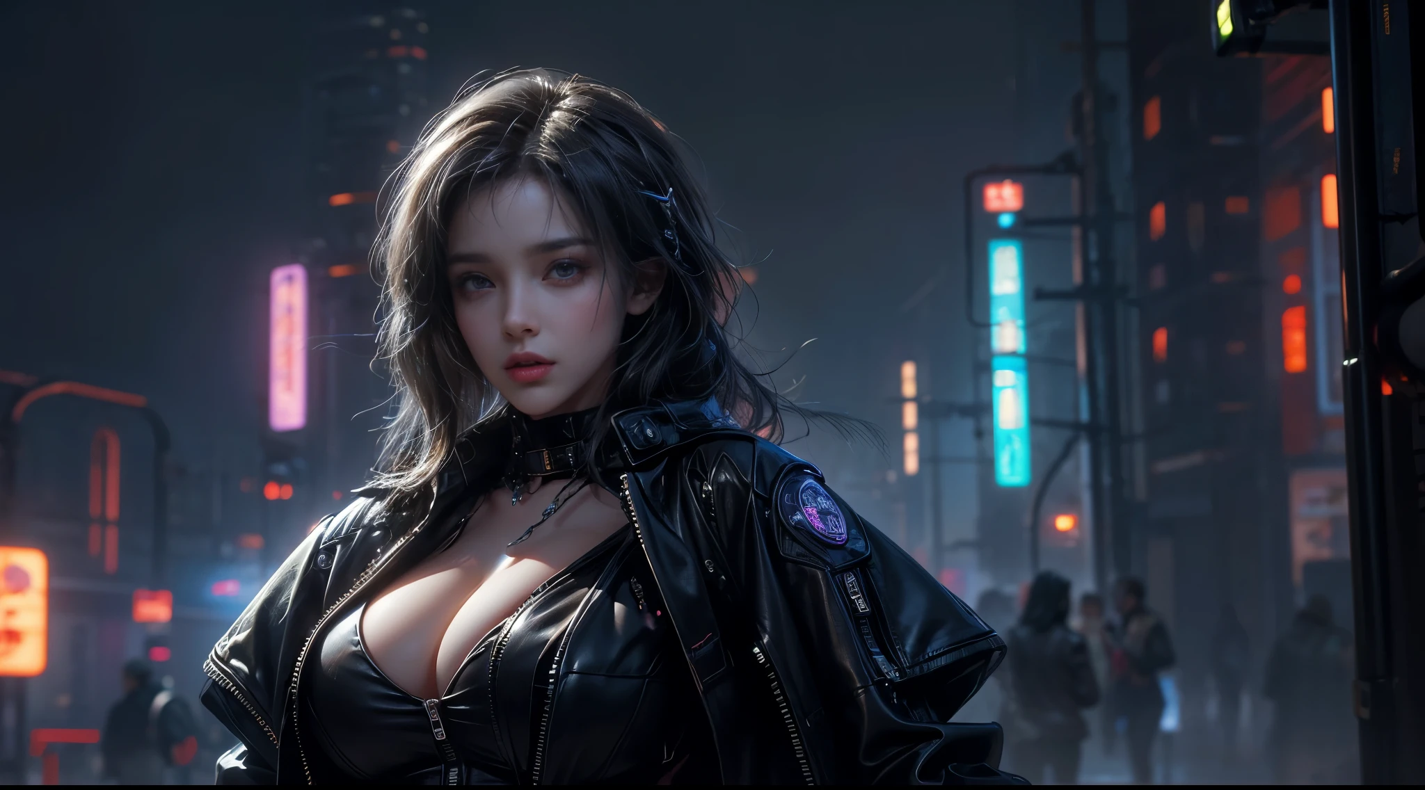 masterpiece,quality,Best quality,official art,(Beauty and Aesthetics:1.2),(masterpiece:1.3),city of the future,cyberpunk characters,a girl,tight leather jacket,Sexy figure,looking at camera,(Close-up cleavage:1.8),volumetric fog,drama,night,