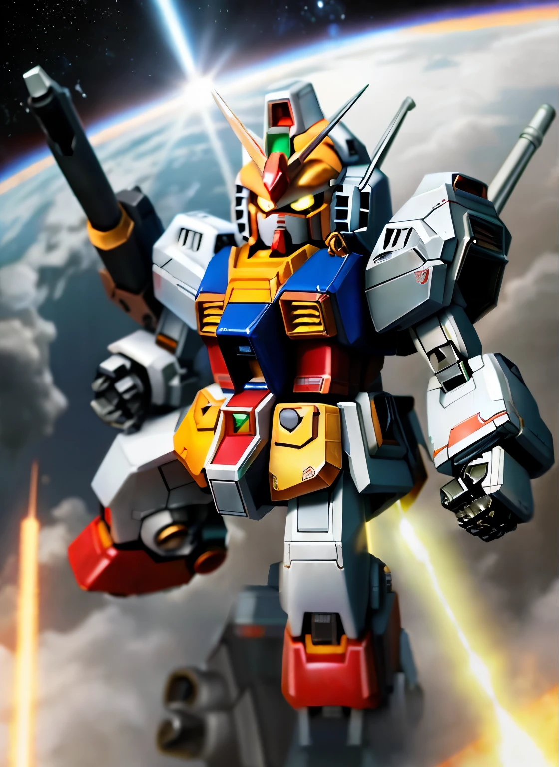 ((SF))、(masterpiece)、highest quality、Highly detailed CG Unity 8k wallpaper、((SD Gundam 1.2))、(F91)、chibi character、sharp expression on face、Confront the enemy with a bazooka and saber、dance in the air、Flying through the sky like a comet、surrounded by fin funnels、background earth、realistic outer space、robot、mechanic、docking core、Maximum output、continuous attack、beam radiation、Vesbar、fully armed、rusty edge、shine of light、Lens flare、unreal engine、