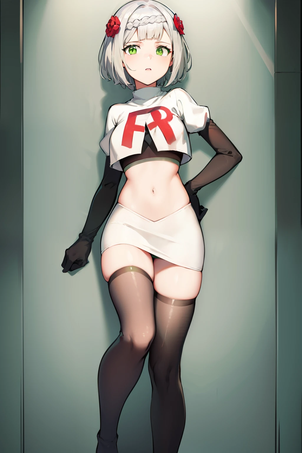 genshinnoelle, noelle, braid, flower, hair flower, hair ornament, short hair, silver hair, (green eyes:1.5),team rocket,team rocket uniform,white skirt,red letter R,crop top,black thigh-highs,black elbow gloves 