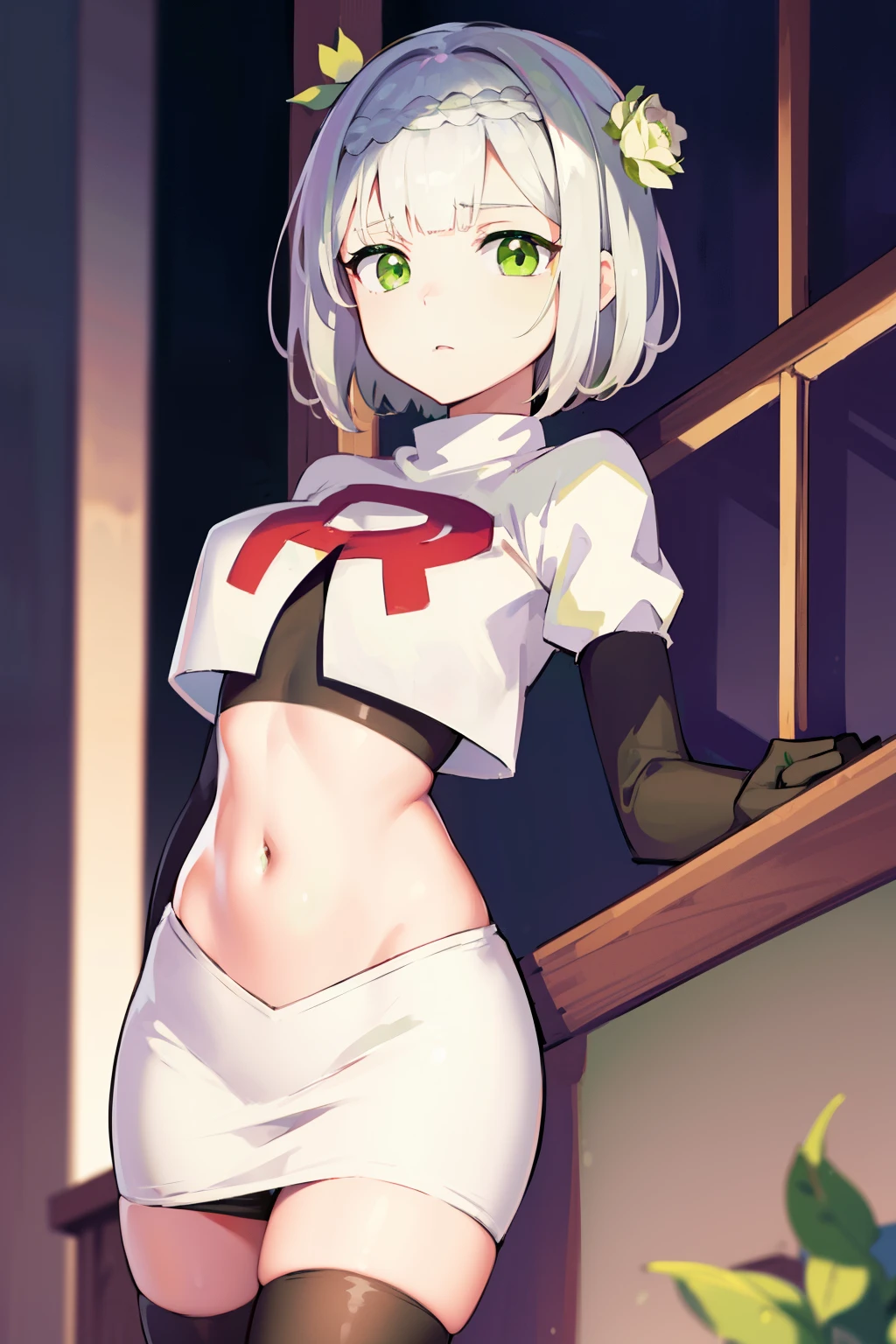 genshinnoelle, noelle, braid, flower, hair flower, hair ornament, short hair, silver hair, (green eyes:1.5),team rocket,team rocket uniform,white skirt,red letter R,crop top,black thigh-highs,black elbow gloves 