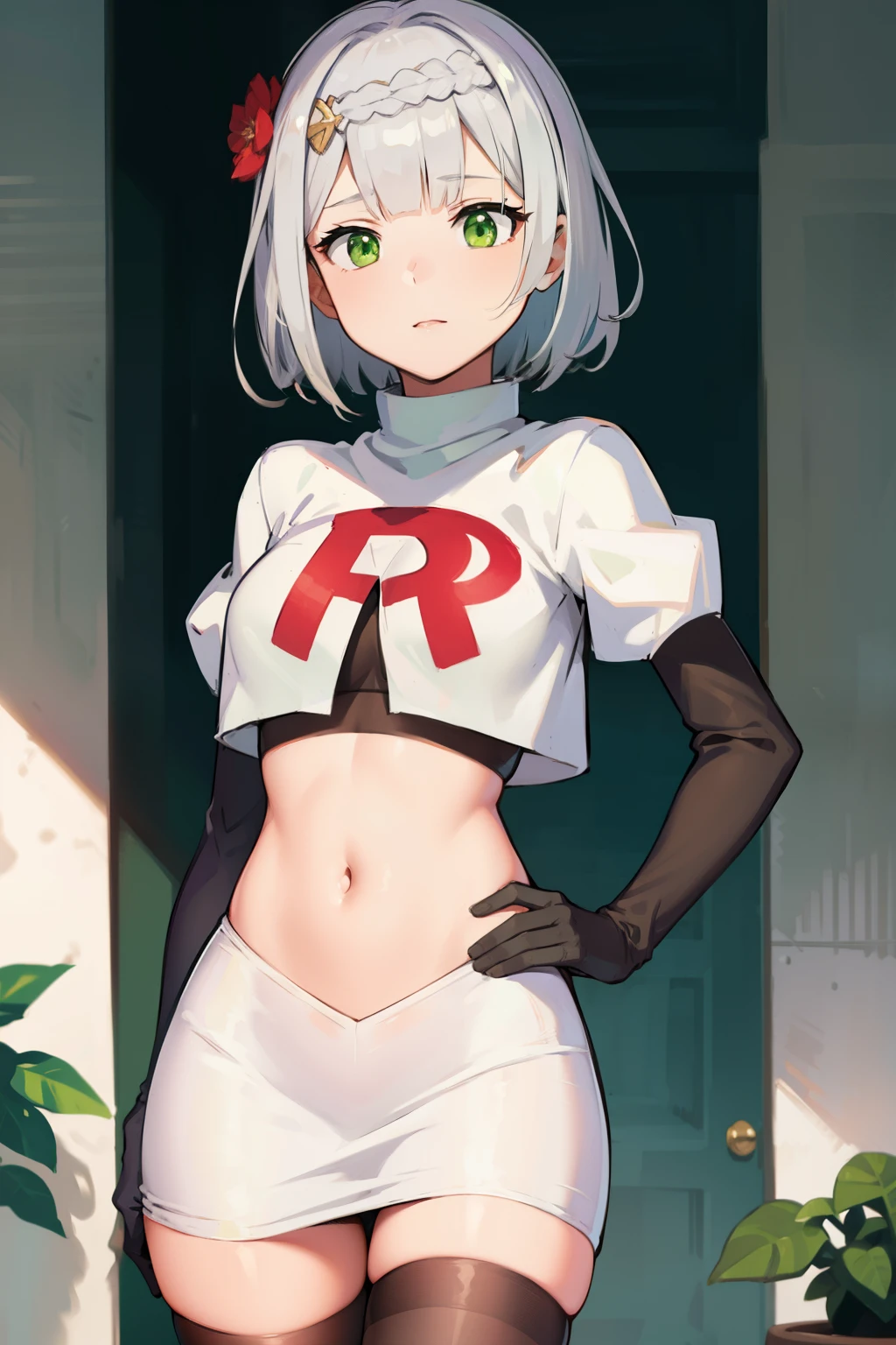 genshinnoelle, noelle, braid, flower, hair flower, hair ornament, short hair, silver hair, (green eyes:1.5),team rocket,team rocket uniform,white skirt,red letter R,crop top,black thigh-highs,black elbow gloves 