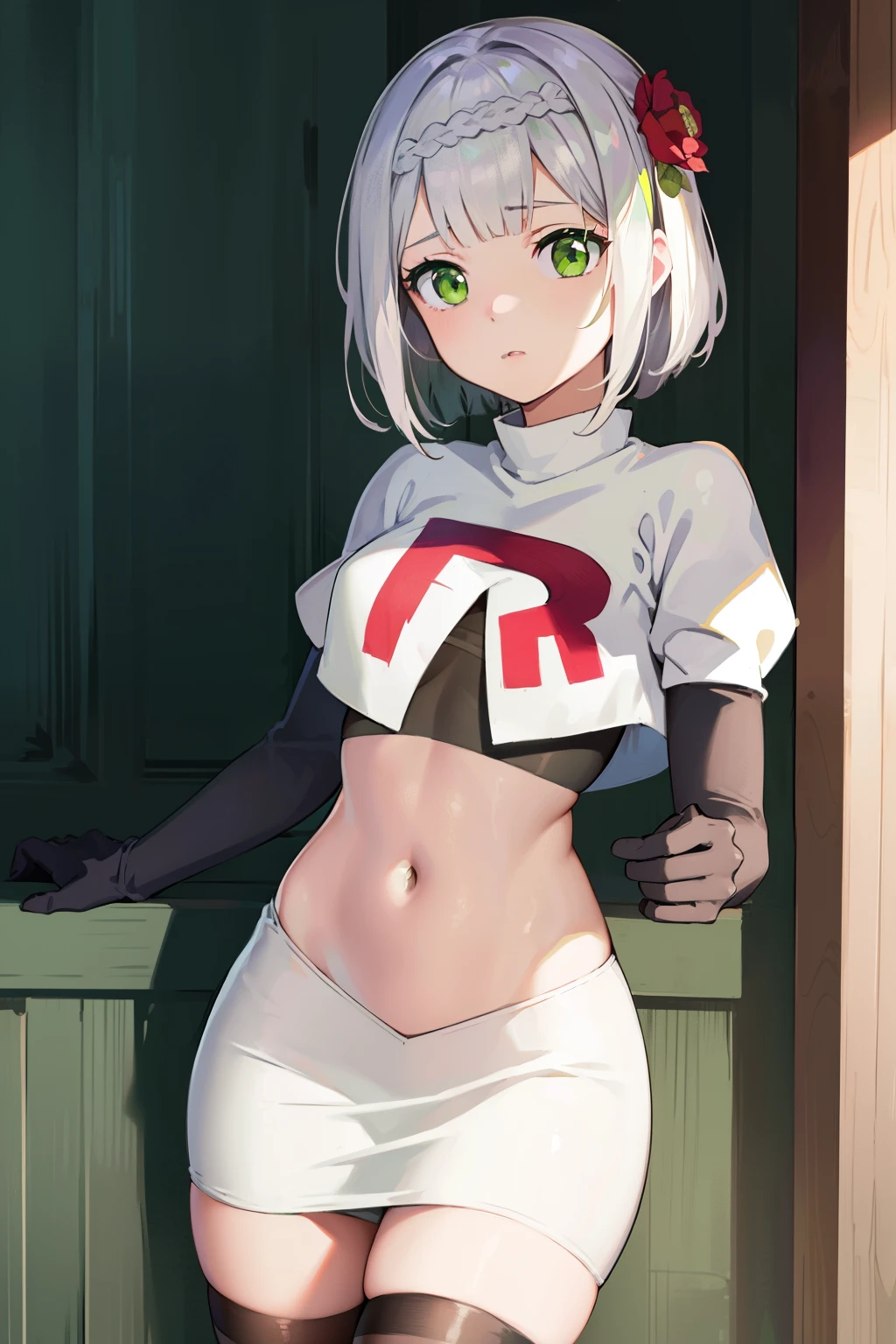 genshinnoelle, noelle, braid, flower, hair flower, hair ornament, short hair, silver hair, (green eyes:1.5),team rocket,team rocket uniform,white skirt,red letter R,crop top,black thigh-highs,black elbow gloves 