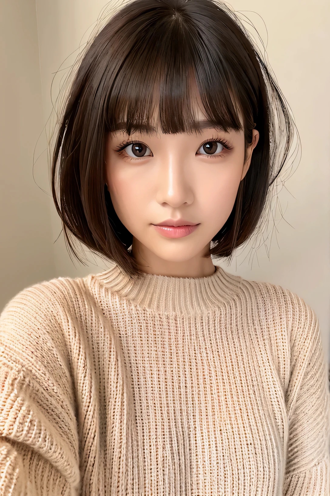woman、super detailed face、double eyelid, short bob、bangs、clear eyes、knit sweater、Glossy skin, small head、whole body
