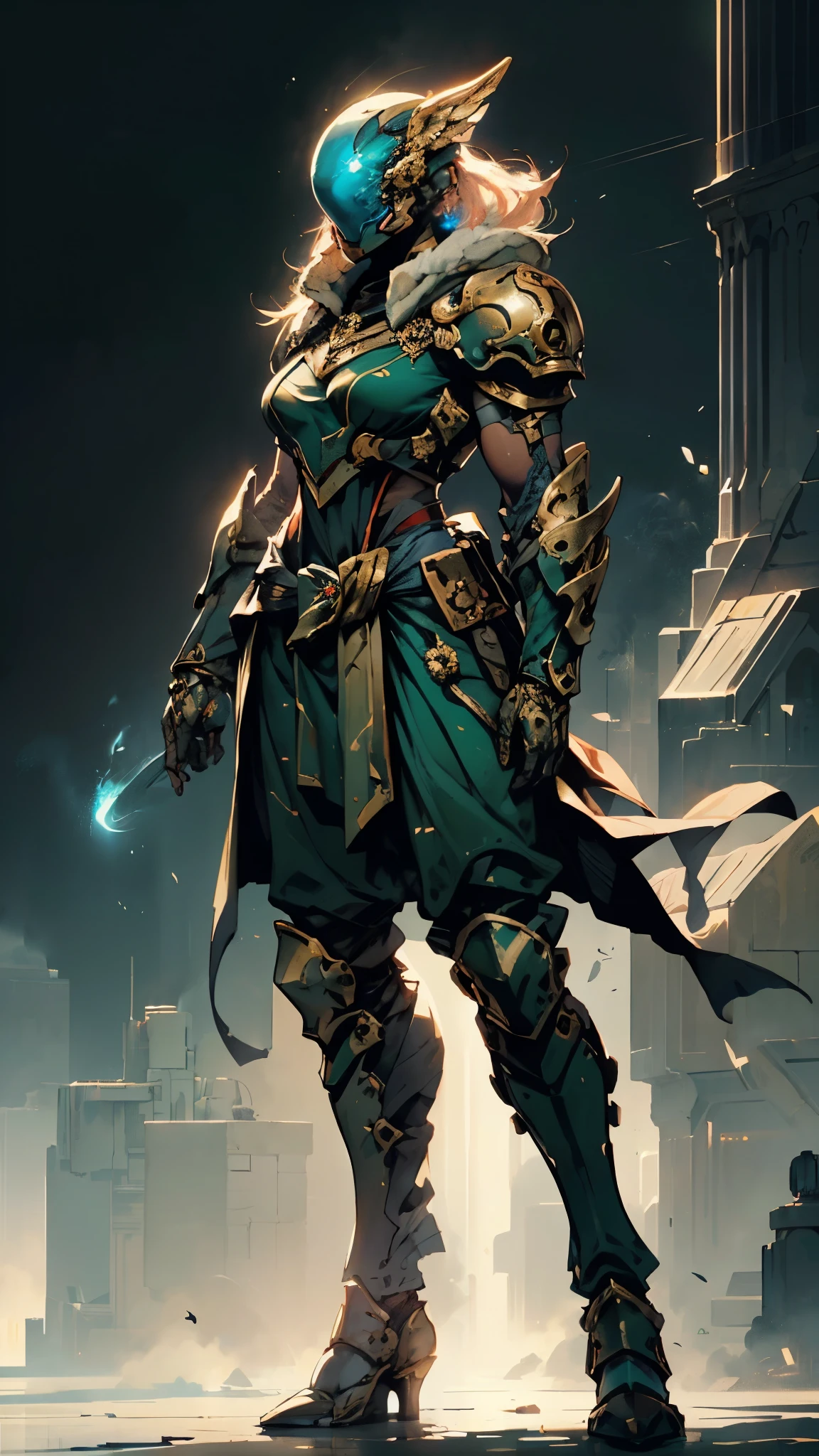 A woman adorned in fantasy-style full-body armor, a crown-concept fully enclosed helmet that unveils only her eyes, a composite layered chest plate, fully encompassing shoulder and hand guards, a lightweight waist armor, form-fitting shin guards, the overall design is heavy-duty yet flexible, (the armor gleams with a golden glow, complemented by red and blue accents), exhibiting a noble aura, she floats above a fantasy-surreal high-tech city, this character embodies a finely crafted fantasy-surreal style armored hero in anime style, exquisite and mature manga art style, (mixture of Queen bee and Spider concept Armor, plasma), ((Element, elegant, goddess, femminine:1.5)), metallic, high definition, best quality, highres, ultra-detailed, ultra-fine painting, extremely delicate, professional, anatomically correct, symmetrical face, extremely detailed eyes and face, high quality eyes, creativity, RAW photo, UHD, 32k, Natural light, cinematic lighting, masterpiece-anatomy-perfect, masterpiece:1.5