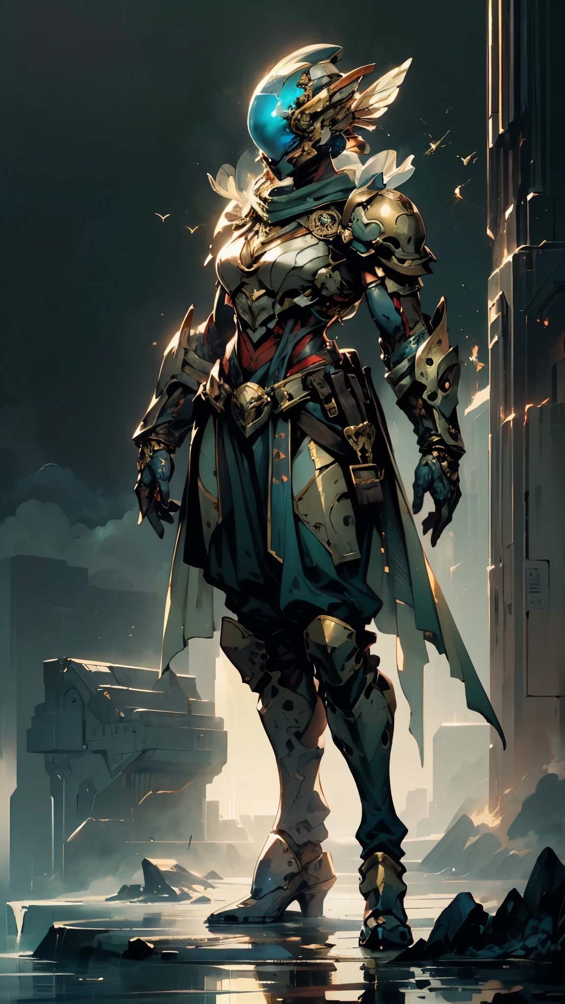 A woman adorned in fantasy-style full-body armor, a crown-concept fully enclosed helmet that unveils only her eyes, a composite layered chest plate, fully encompassing shoulder and hand guards, a lightweight waist armor, form-fitting shin guards, the overall design is heavy-duty yet flexible, (the armor gleams with a golden glow, complemented by red and blue accents), exhibiting a noble aura, she floats above a fantasy-surreal high-tech city, this character embodies a finely crafted fantasy-surreal style armored hero in anime style, exquisite and mature manga art style, (mixture of Queen bee and Spider concept Armor, plasma), ((Element, elegant, goddess, femminine:1.5)), metallic, high definition, best quality, highres, ultra-detailed, ultra-fine painting, extremely delicate, professional, anatomically correct, symmetrical face, extremely detailed eyes and face, high quality eyes, creativity, RAW photo, UHD, 32k, Natural light, cinematic lighting, masterpiece-anatomy-perfect, masterpiece:1.5