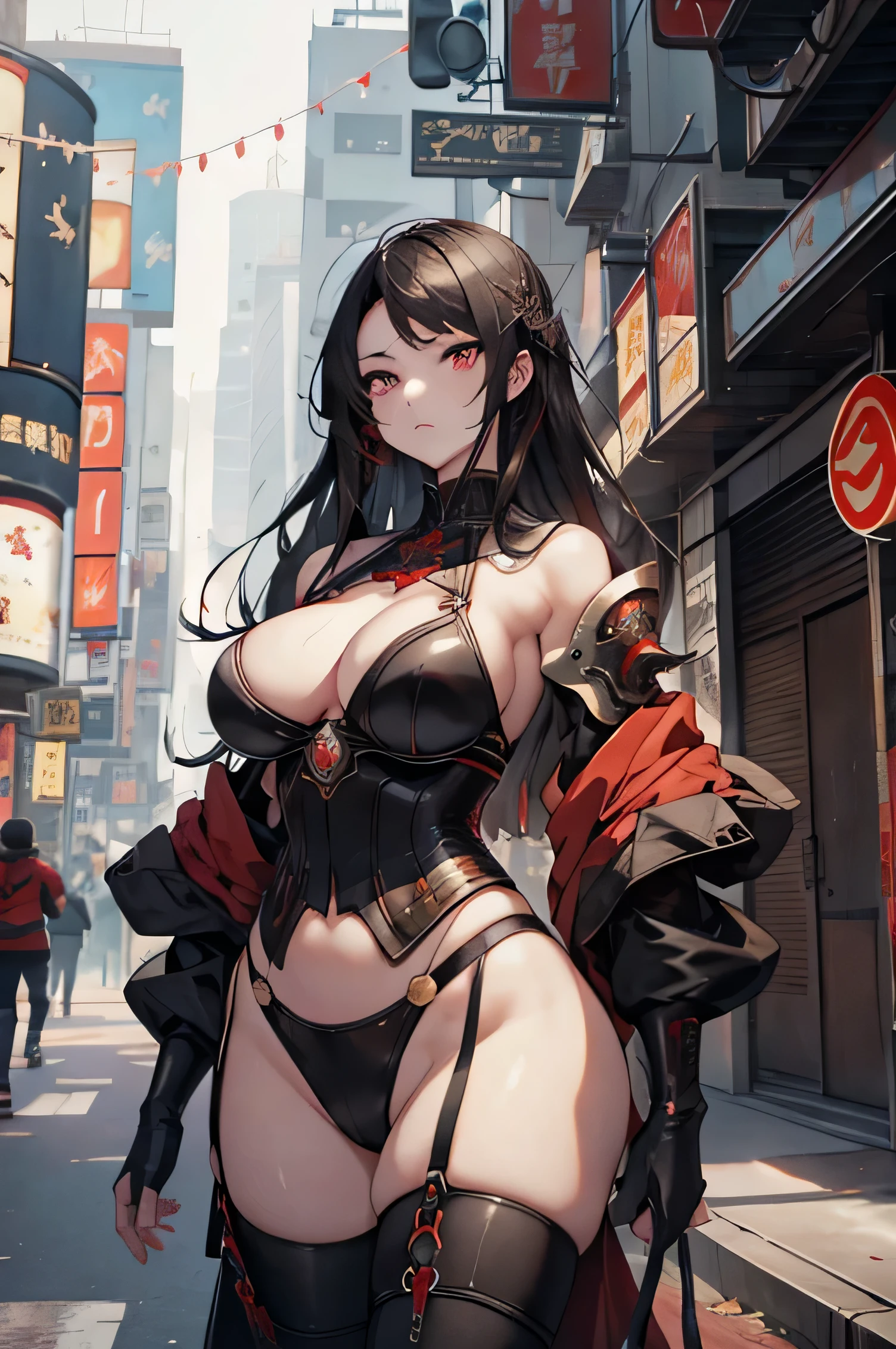 emperor&#39;Sister of，red eyes、no long straight hair，expensive，plump breasts，Has a well-proportioned body shape，{{{chopped}}}，日本warrior，warrior盔甲，woman warrior，{{{cyberpunk city}}}，expensive家，{{{neon light}}}，highest quality，cyberpunk city,warrior