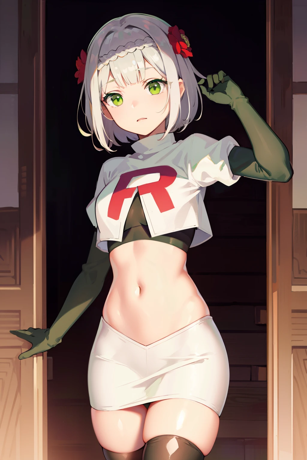 genshinnoelle, noelle, braid, flower, hair flower, hair ornament, short hair, silver hair, (green eyes:1.5),team rocket,team rocket uniform,white skirt,red letter R,crop top,black thigh-highs,black elbow gloves 