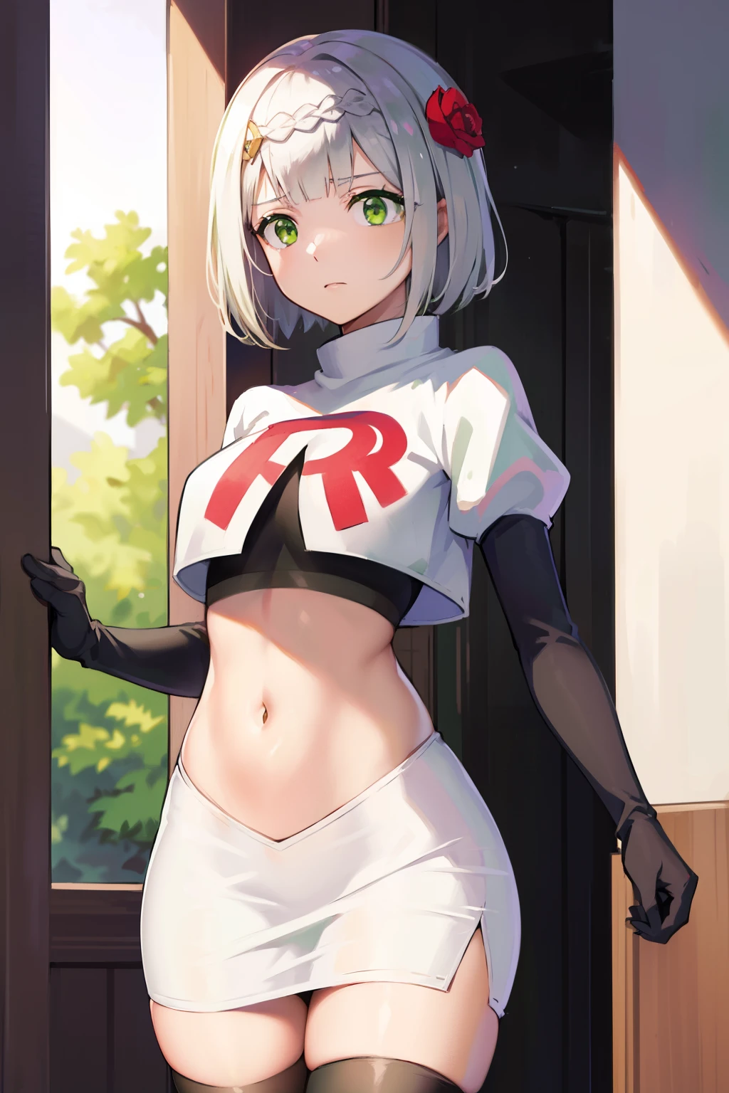 genshinnoelle, noelle, braid, flower, hair flower, hair ornament, short hair, silver hair, (green eyes:1.5),team rocket,team rocket uniform,white skirt,red letter R,crop top,black thigh-highs,black elbow gloves 