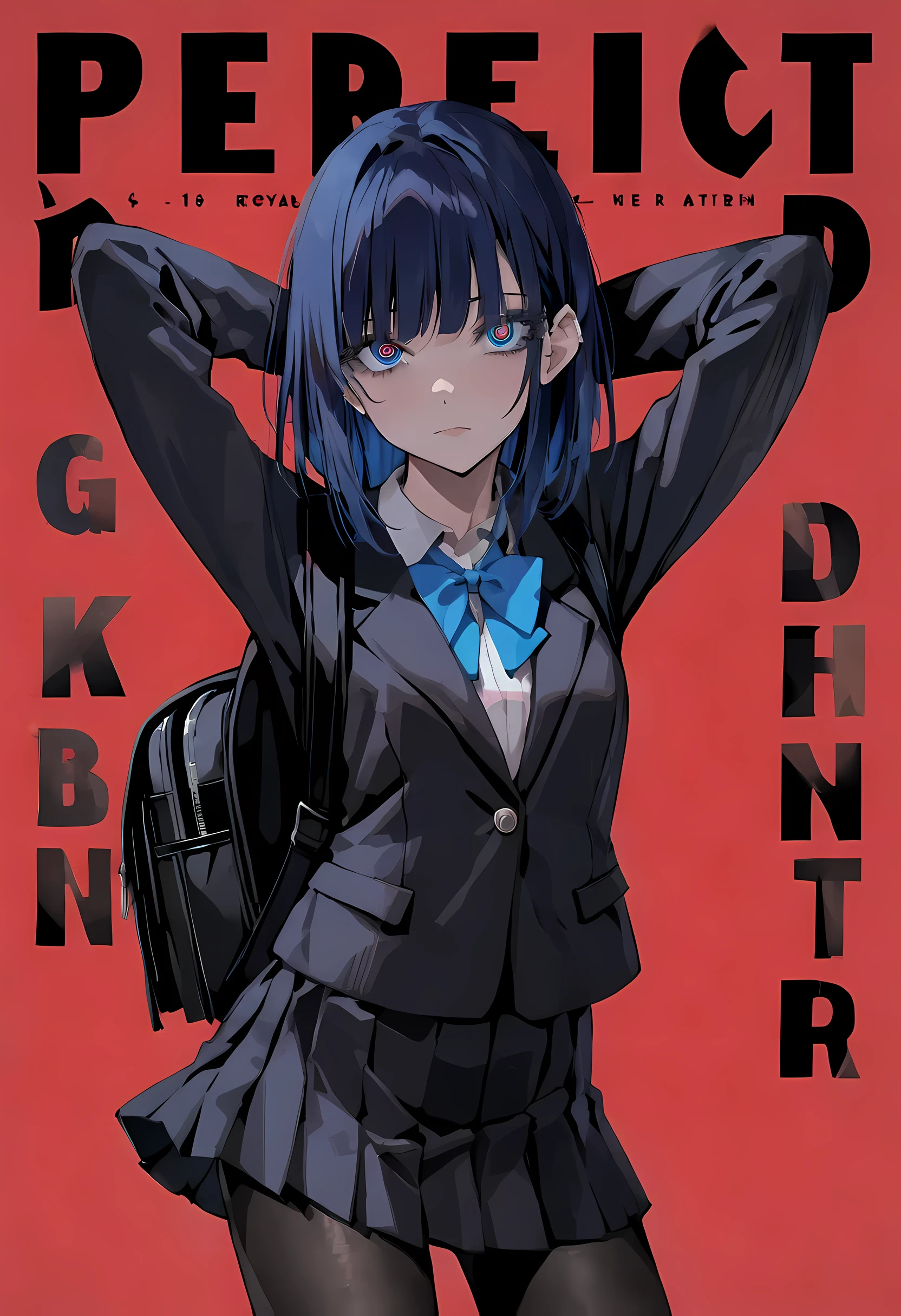 masterpiece, best quality, reze, detailed eyes, hands behind head:1.2, perfect hands, (magazine cover, bold letters, striking bold font, comic cover), wearing black backpack, cool expression, medium shot, 1girl, solo, negative space, red background, red background, wearing black backpack, a girl in a school uniform, detailed blue eyes:1, half closed eyes, detailed eyelashes, sharp eyes, dark royal blue hair, medium length hair, hair behind ear, side bangs, (black blazer, black pleated skirt, black tights), simple, facing viewer, manga illustration-style, bangs, 18 years old, rating: questionable, wearing black backpack, black straps:1, black blazer:1, long-sleeved blazer,