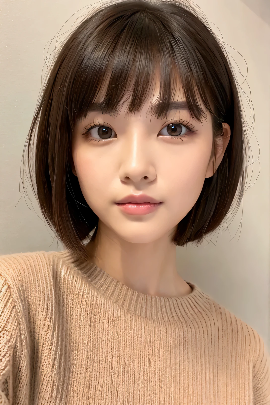 woman、super detailed face、double eyelid, short bob、bangs、clear eyes、knit sweater、Glossy skin, small head、whole body