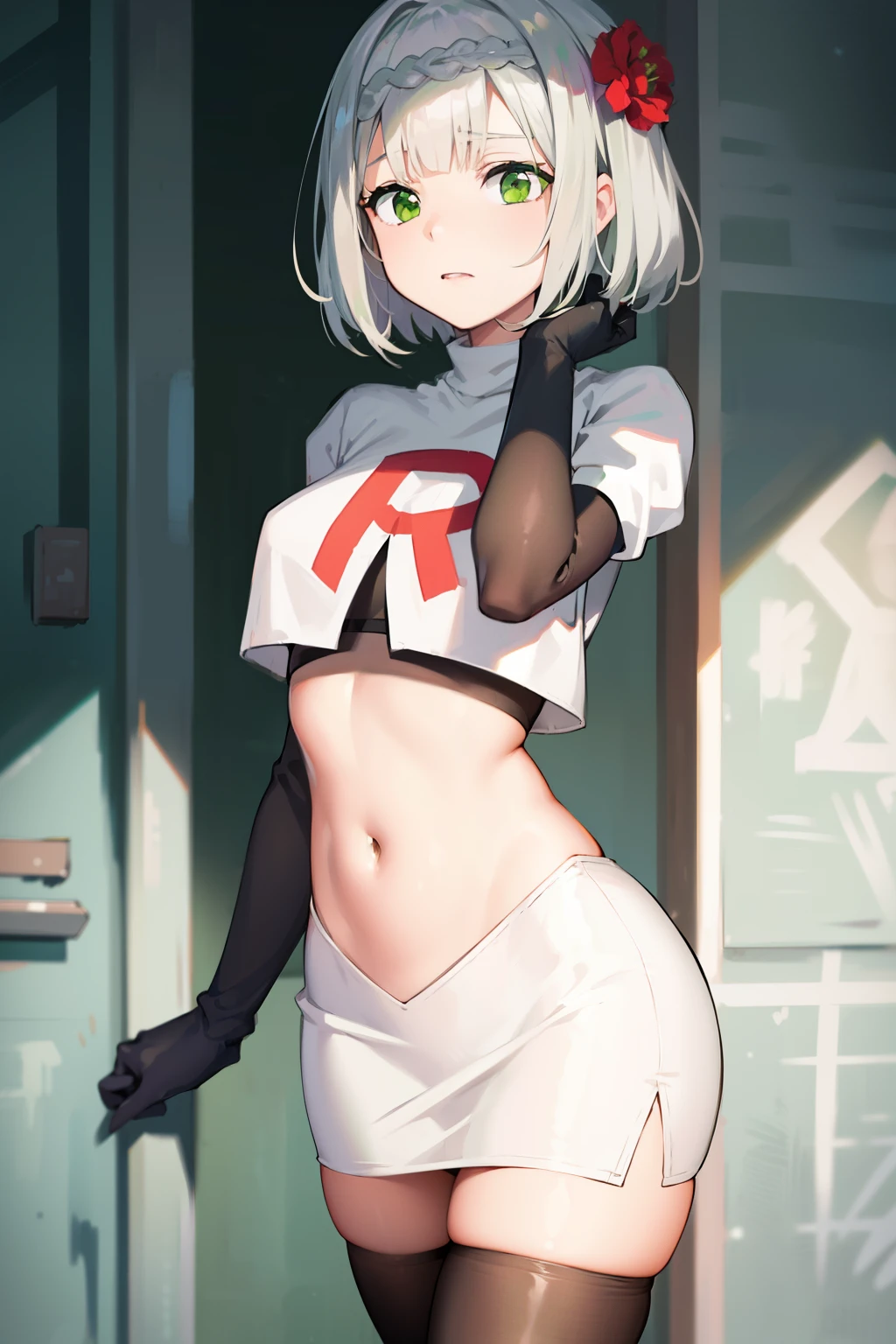 genshinnoelle, noelle, braid, flower, hair flower, hair ornament, short hair, silver hair, (green eyes:1.5),team rocket,team rocket uniform,white skirt,red letter R,crop top,black thigh-highs,black elbow gloves 