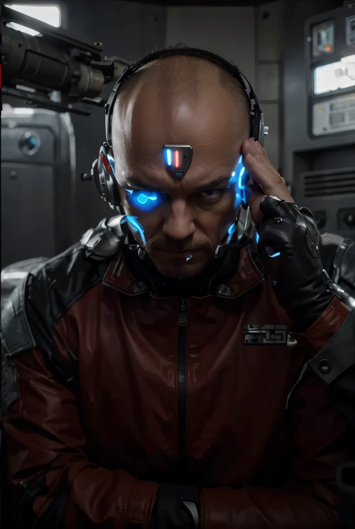 soldado masculino, hombre maduro con cara de ruso, serious expression y enojada, one of his eyes is cybernetic with a red visor, ojos azul claro, one of his eyes is cybernetic and red, cabeza calva, pale skin, bigote y barba rubia, serious expression, tiene sensores de control mental en su cabeza de los cuales salen tubos de goma negros de su cabeza, mono de fabrik gris claro con detalles rojos, guantes de cuero negro, It's inside a military office with Soviet challenge-style computer screens., imagen con colores oscuros, tonos morados, 4k, ultra detallado image, Realista, muy detallado, perfect composition, gorgeous, intrincadamente detallado, incredibly detailed, 8k art photography, hiper detallado, Obra maestra, ultra detallado, hyper Realista, 4k, ultra detallado image, Realista, muy detallado, perfect composition, gorgeous, intrincadamente detallado, incredibly detailed, 8k art photography, hiper detallado, Obra maestra