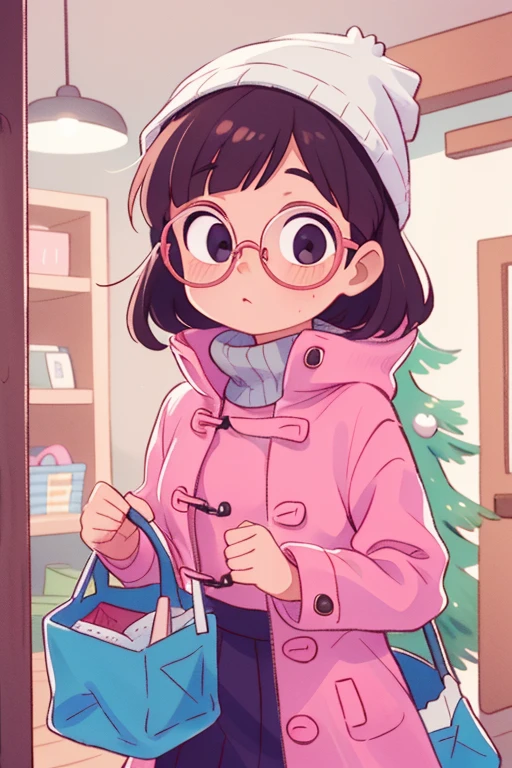 garota, longos cabelos castanhos, franja, glasses and small frames, com casaco de inverno e cachecol, numa loja, Ocupado, compras, just a pink bra under the coat
