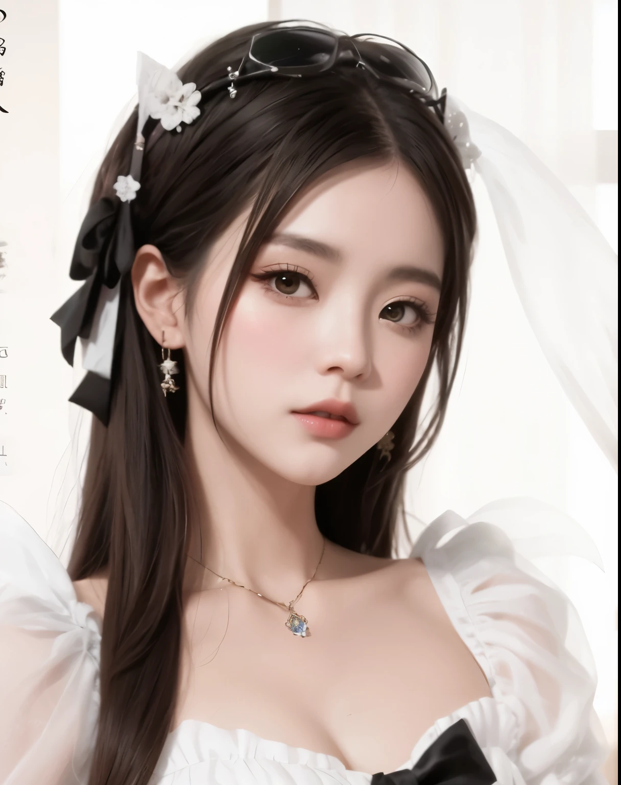 hay una mujer con un vestido blanco y un lazo negro, obra de arte al estilo de guweiz, ruan jia hermosa!, pale milky white porcelain skin, guweiz, Inspirado por Huang Ji, preciosa cara delicada, yanjun chengt, Inspirado por Tang Yifen, tendencia en cgstation, wlop loish y estilo abrazadera, fantasía xianxia