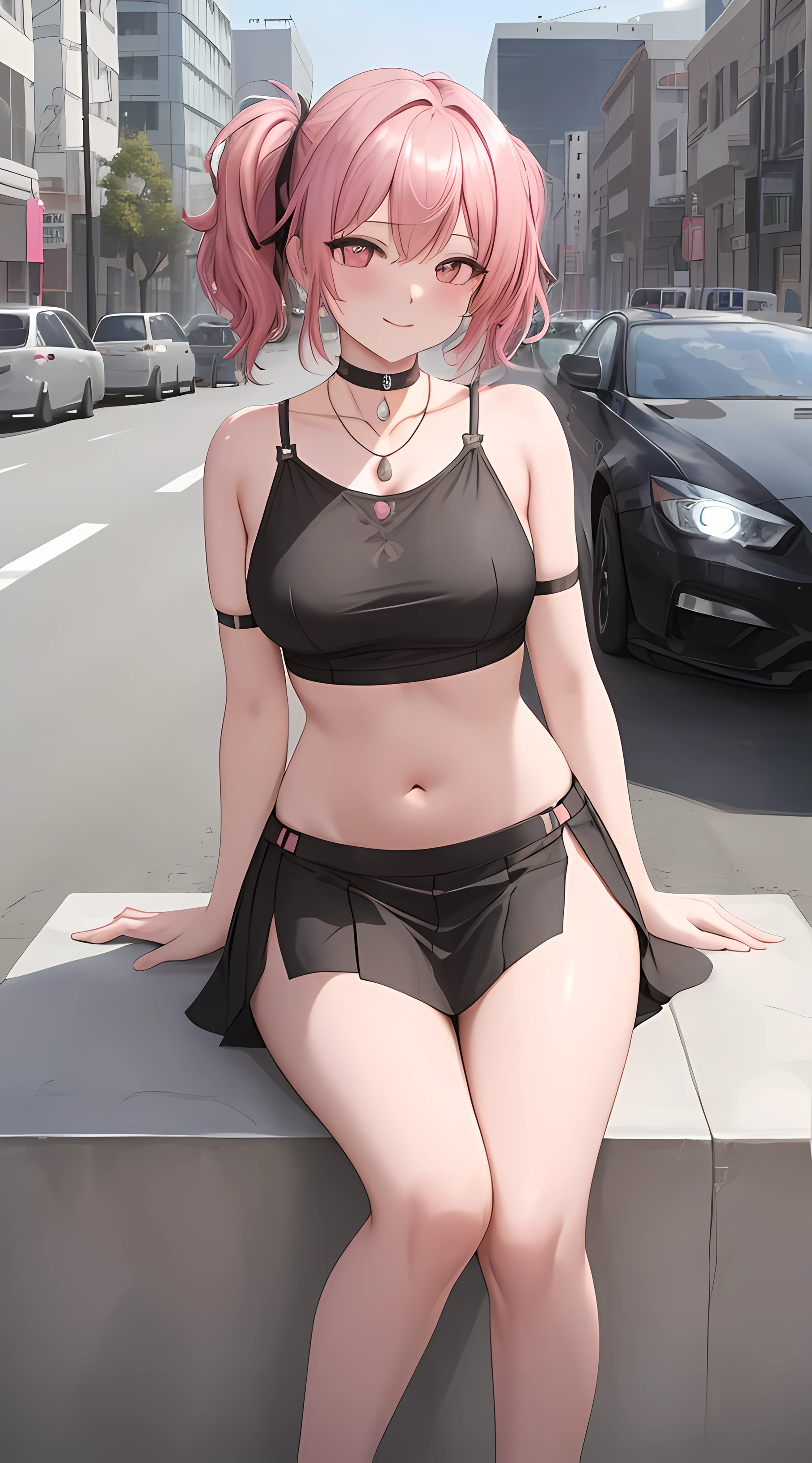 a woman with pink hair and a black Excellent is sitting on a city street with a traffic light in the background, germ of art, anime art, cyberpunk art, photorealism, 1 girl, 前hair, just_shoulder, black_choker, chest, bridge, Brown_eye, building, choker, city, cityscape, crop_Excellent, jewelry, looking for_in_viewer, compensate, abdomen, belly button, necklace, pink_hair, short_hair, side tie_panties, sitting, skirt, Skyscraper, 一人in, tank_Excellent, a very provocative girl taking a noiseless pic in bathroom stall, 1 girl, nipple, twintails, 一人in, nude, kamisatoayakadef, whole body, sitting, smile, blush, Day, simple background, blue null, short hair, null, temple, sitting on stairs