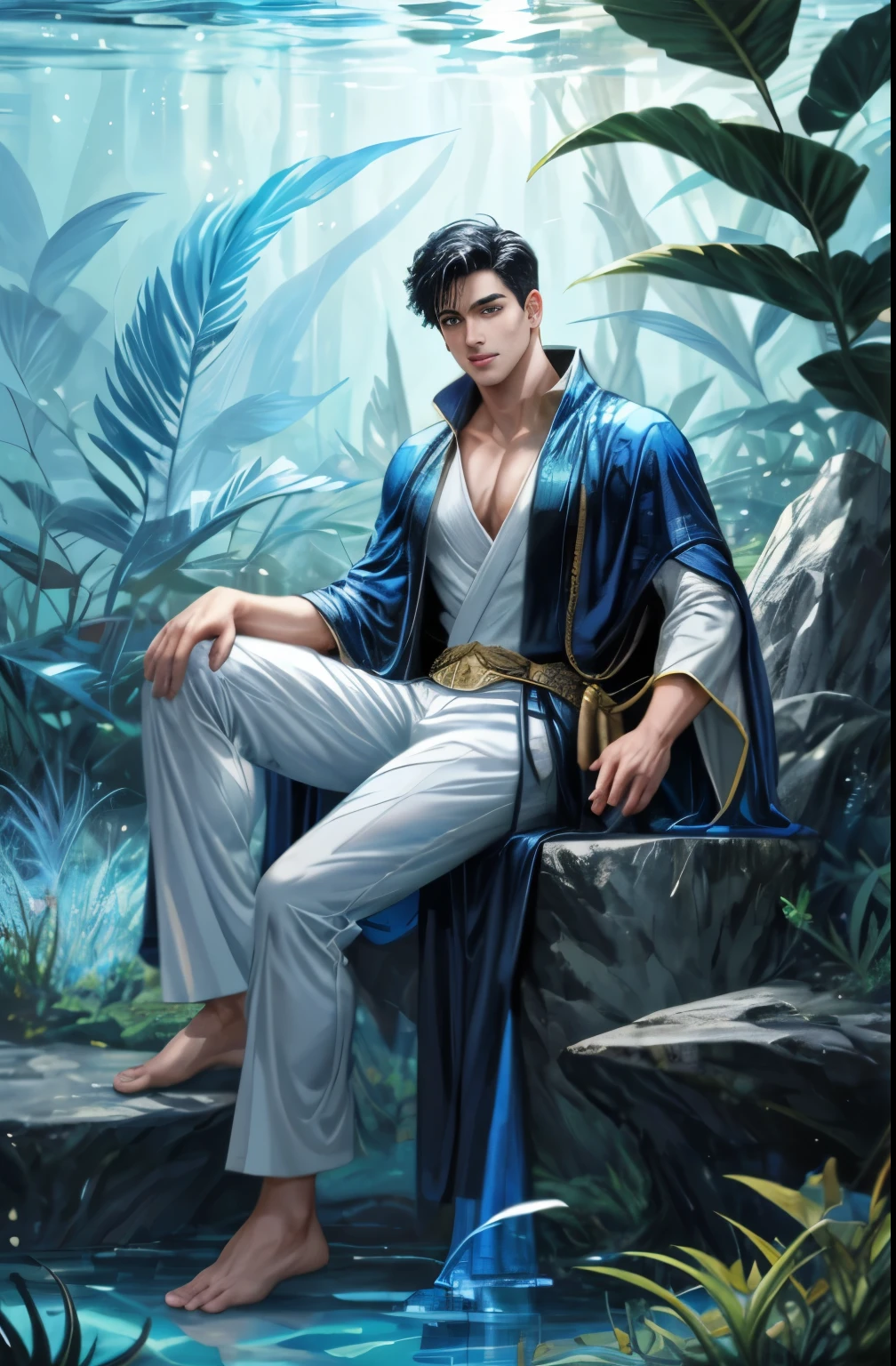 A young man 27-year-old handsome , masculine,six-pack, black hair , white skin, yellow eye pupils, wearing long big blue black shining transparent royal robe of light and white Tiny pant, body covered by sperm fullbody, sitting on the Thorne, villains,Thorny plants made of ice all around him,background underwater ,in marvel comics panel's marvel art style, high quality, perfect face, perfect eyes,ultra details, naked, big long dick