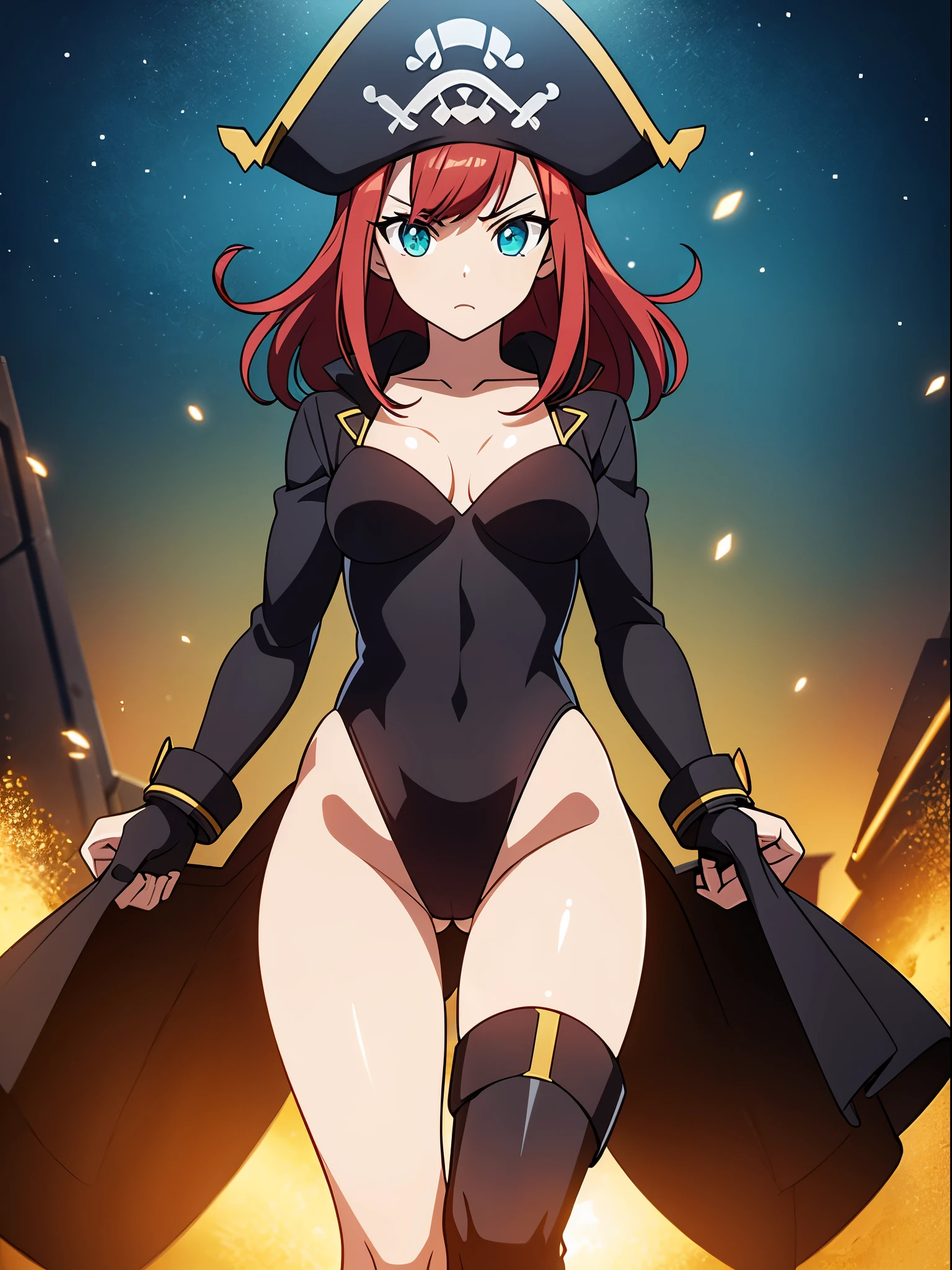 1girl, solo, masterpiece, best quality, black leotard, long sleeves, pirate costume, (pirate hat, pirate boots), body infused with electricity, lighting, particles, redhead, green eyes, blue aura, energy field, full body shot, depth of field, looking at viewer, spread arms, bare legs, medium , bob hair, perfect anatomy, perfect hands, tall body, tight belt