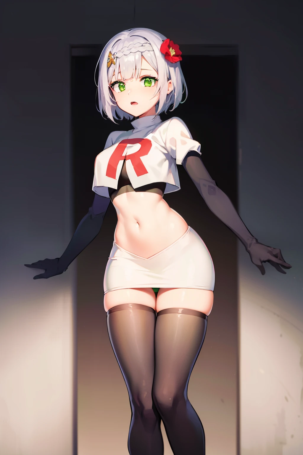 genshinnoelle, noelle, braid, flower, hair flower, hair ornament, short hair, silver hair, (green eyes:1.5),team rocket,team rocket uniform,white skirt,red letter R,crop top,black thigh-highs,black elbow gloves 