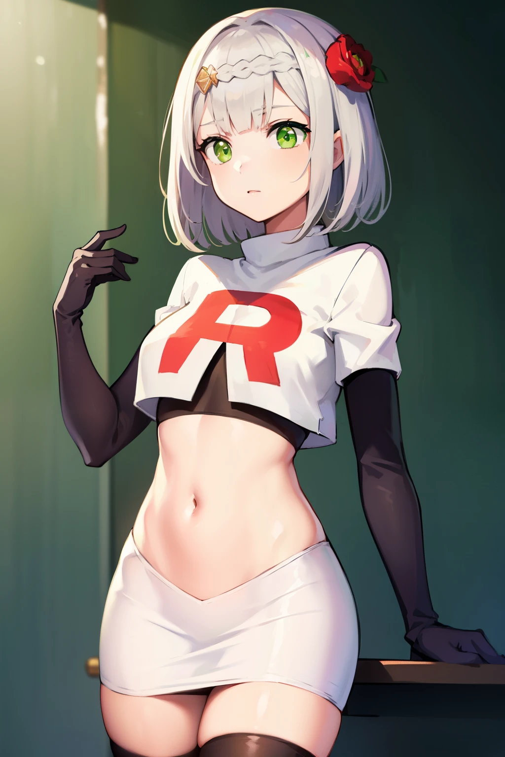 genshinnoelle, noelle, braid, flower, hair flower, hair ornament, short hair, silver hair, (green eyes:1.5),team rocket,team rocket uniform,white skirt,red letter R,crop top,black thigh-highs,black elbow gloves 