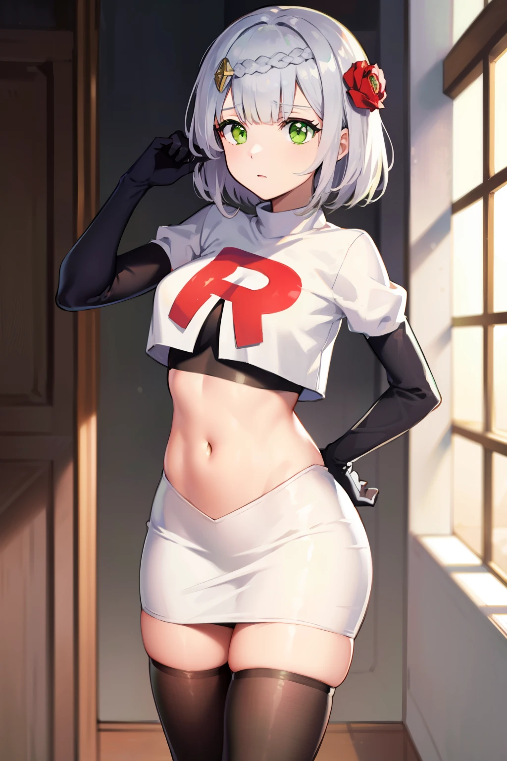 genshinnoelle, noelle, braid, flower, hair flower, hair ornament, short hair, silver hair, (green eyes:1.5),team rocket,team rocket uniform,white skirt,red letter R,crop top,black thigh-highs,black elbow gloves 