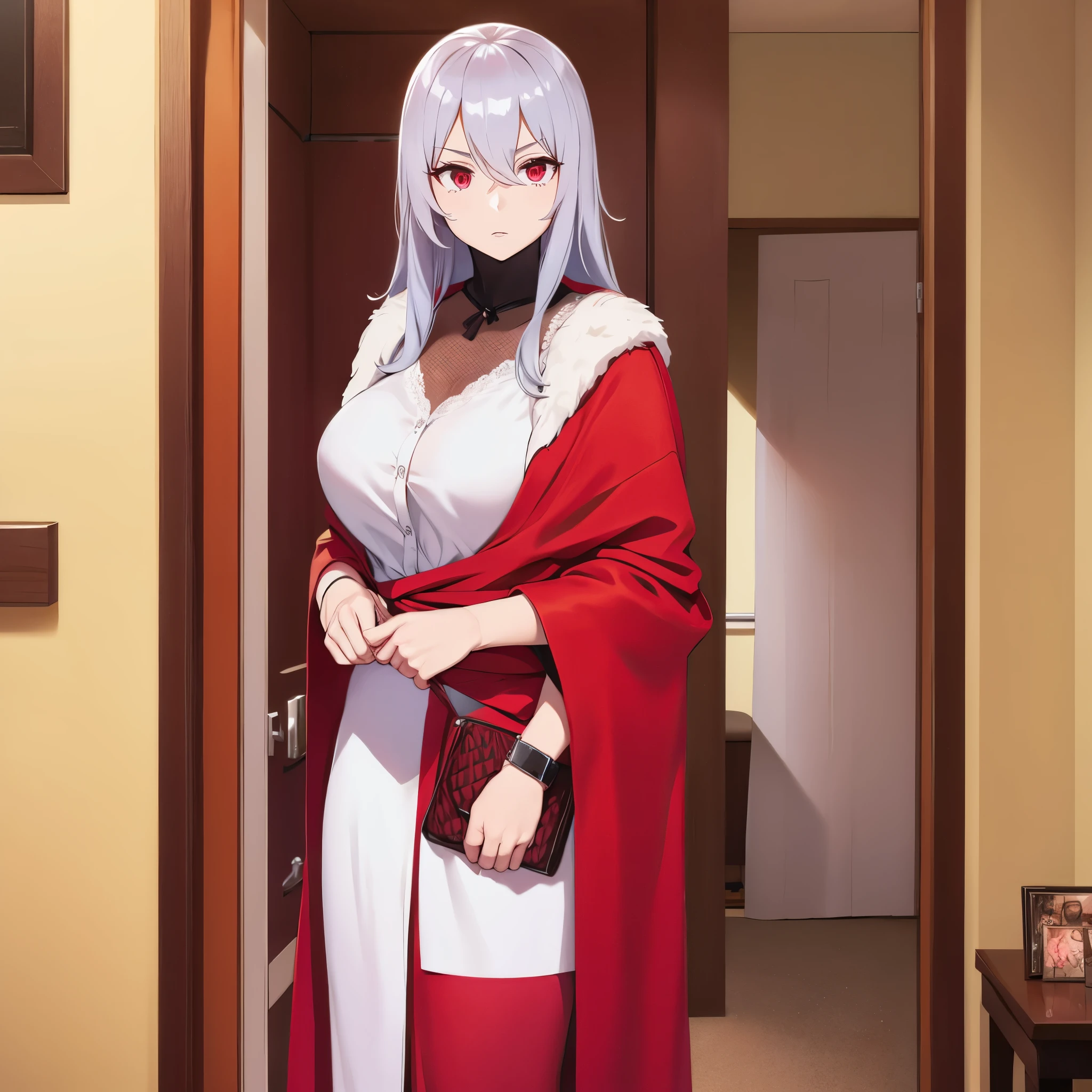 A woman in room, eye red, silver hair, casual clothes