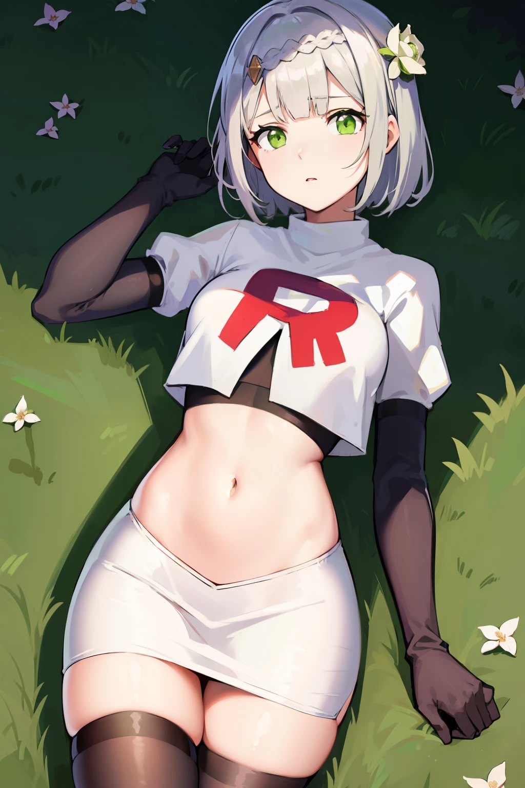 genshinnoelle, noelle, braid, flower, hair flower, hair ornament, short hair, silver hair, (green eyes:1.5),team rocket,team rocket uniform,white skirt,red letter R,crop top,black thigh-highs,black elbow gloves 