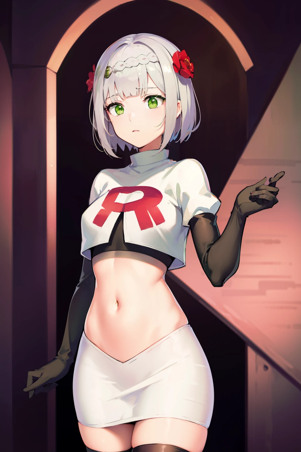 genshinnoelle, noelle, braid, flower, hair flower, hair ornament, short hair, silver hair, (green eyes:1.5),team rocket,team rocket uniform,white skirt,red letter R,crop top,black thigh-highs,black elbow gloves 