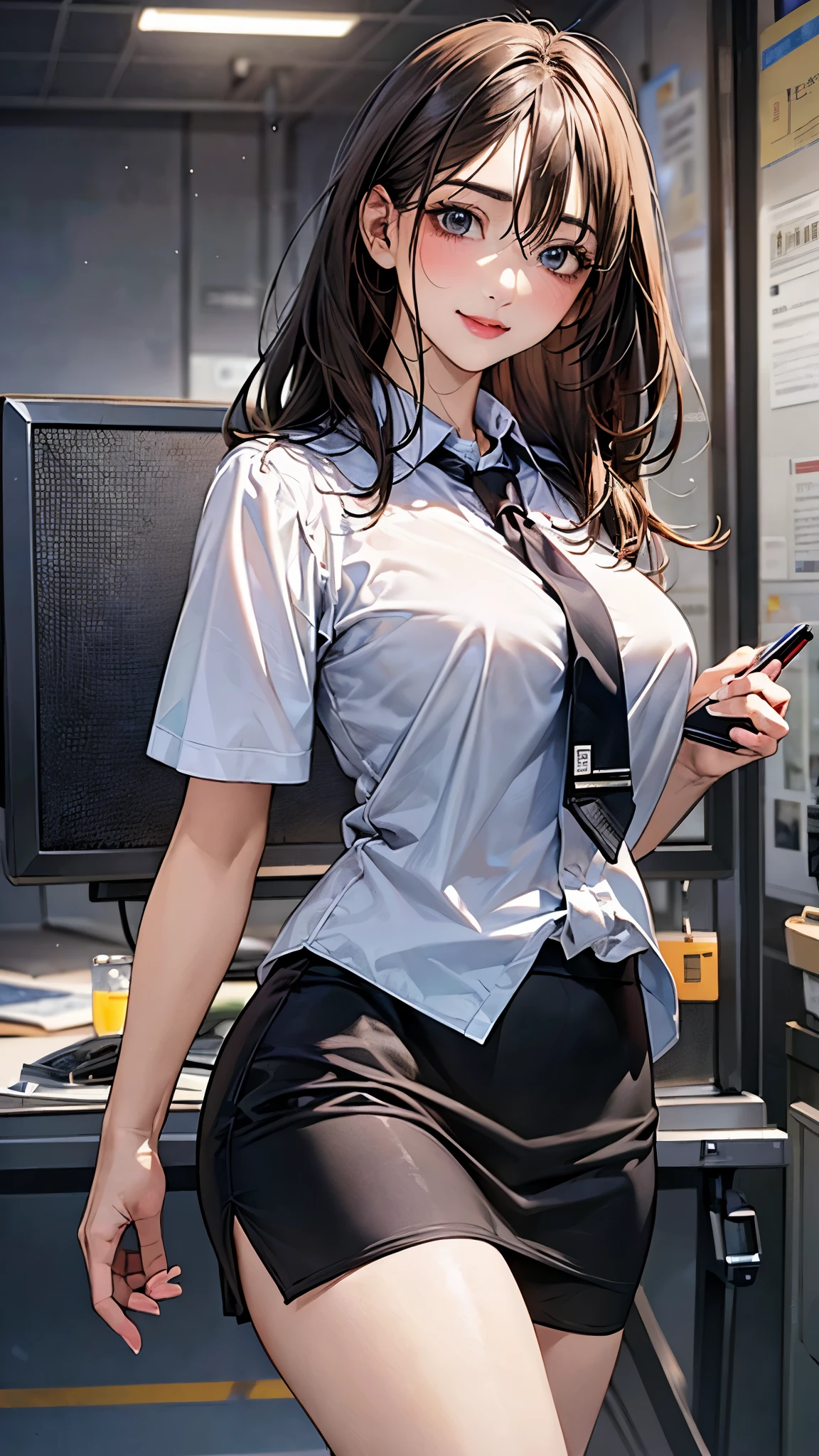 (masterpiece:1.2, top-quality), (realistic, photorealistic:1.4), beautiful illustration, (natural side lighting, movie lighting),
looking at viewer, (full body, from below, front view), 1 girl, japanese, adult, beautiful sexy secretary, perfect face, cute and symmetrical face, shiny skin,
(middle hair:1.4, wavy hair:1.2, dark brown hair), hair between eyes, blue eyes, long eye lasher, (mideum breasts, seductive thighs, big ass), nipple hardening, slender,
beautiful hair, beautiful face, beautiful detailed eyes, beautiful clavicle, beautiful body, beautiful chest, beautiful thigh, beautiful legs, beautiful fingers,
((detailed cloth texture, black business jacket, short sleeves white collared shirts, extremely black short skirt, seamed black stockings, tie), high heels),
(beautiful scenery), evening, ((in the office)), stands straight, walking, strokes herself, craves sex, id card, holding a tablet PC, (seductive smile),