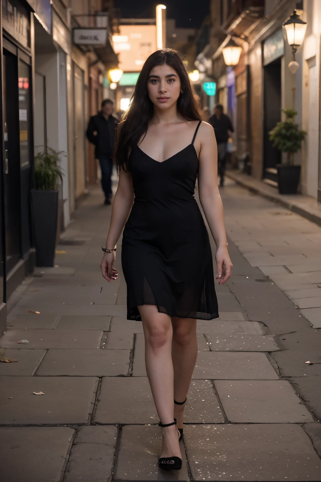 A beautiful young girl wearing high slit revealing dress in the city streets