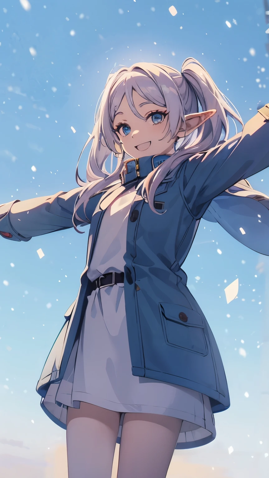 空に向かってjump、raise your arms、jump、elf、silver hair、twin tails、smiling、snowy blue sky、1 girl、whole body、wearing a blue waffle coat、Wearing a muffler、It&#39;s snowing