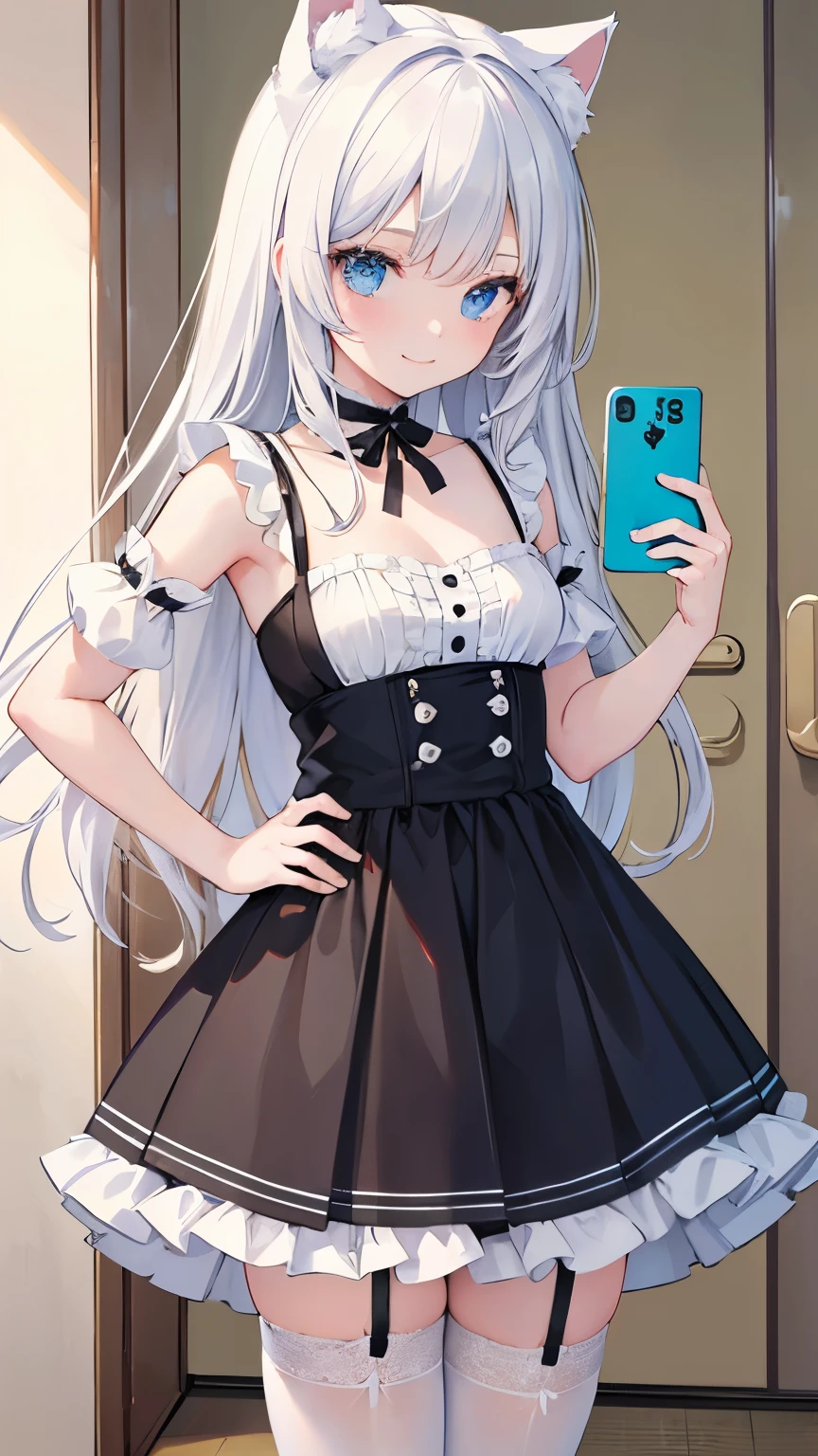 8K, 超詳細, 壁紙, masterpiece, {{{{Highest quality}}}}, beautiful,1 girl, White_hair, cat ears(White), cat tail(White), frilled choker, {{{maid}}}, garter belt,garter straps, {{{seductive smile}}}, selfee、self-taken picture、taking a picture of oneself, self_shot