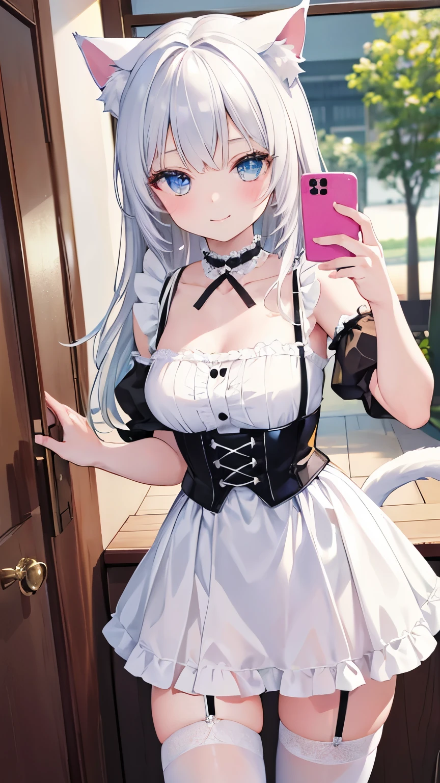 8K, 超詳細, 壁紙, masterpiece, {{{{Highest quality}}}}, beautiful,1 girl, White_hair, cat ears(White), cat tail(White), frilled choker, {{{maid}}}, garter belt,garter straps, {{{seductive smile}}}, selfee、self-taken picture、taking a picture of oneself, self_shot