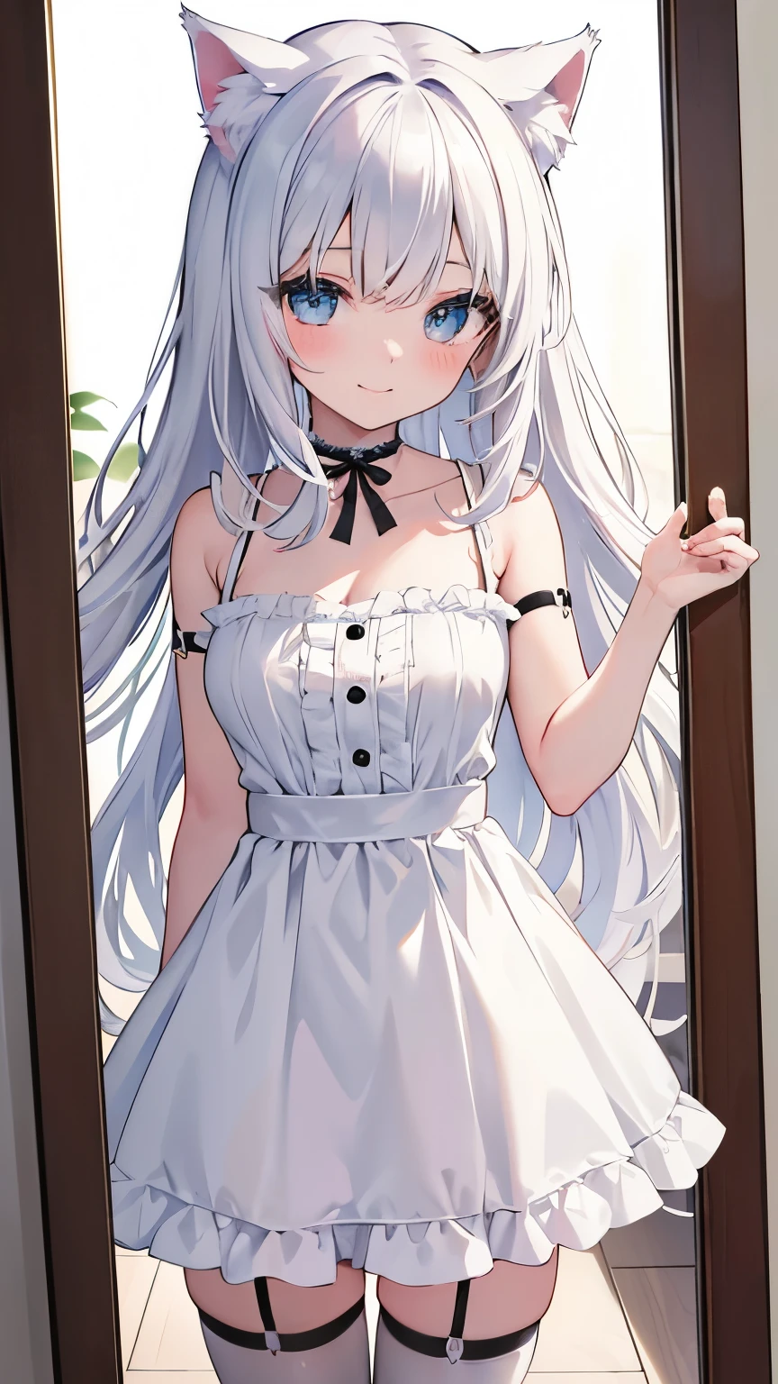 8K, 超詳細, 壁紙, masterpiece, {{{{Highest quality}}}}, beautiful,1 girl, White_hair, cat ears(White), cat tail(White), frilled choker、miniskirt_dress, bare_shoulders, garter belt,garter straps, {{{seductive smile}}}, selfee、self-taken picture、taking a picture of oneself, self_shot