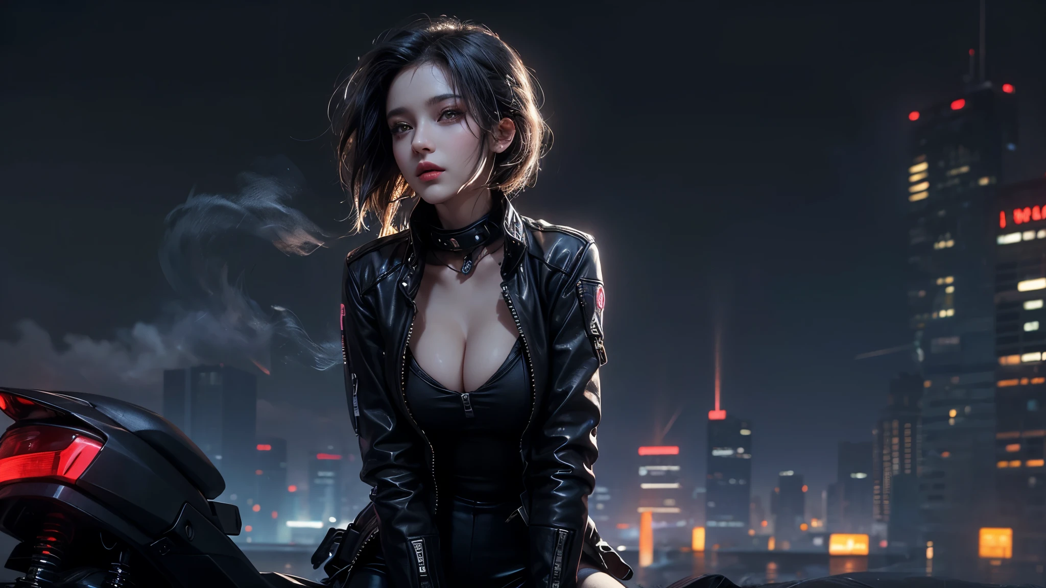 masterpiece,quality,Best quality,official art,(Beauty and Aesthetics:1.2),(masterpiece:1.3),city of the future,cyberpunk characters,a girl,tight leather jacket,Sexy figure,looking at camera,(Close-up cleavage:1.8),volumetric fog,drama,night