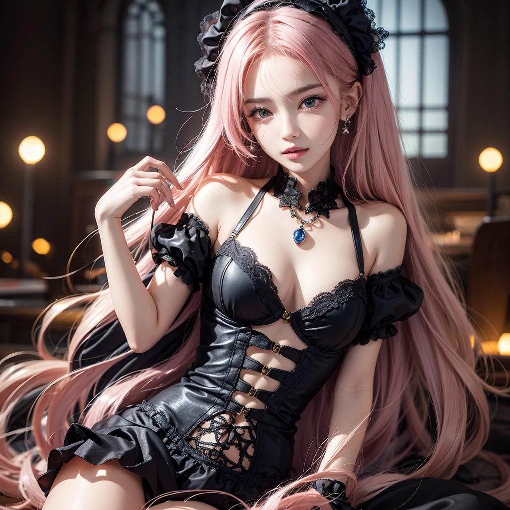 (((flat chest))),((1 girl)),((solo)),((highest quality)), (masterpiece),((High resolution)),beautiful girl,model,Japanese,Random hair color,Single-lens reflex camera,black gothic lolita costume,luxurious study,golden luxury decoration,Pink underwear is slightly visible,movie lighting