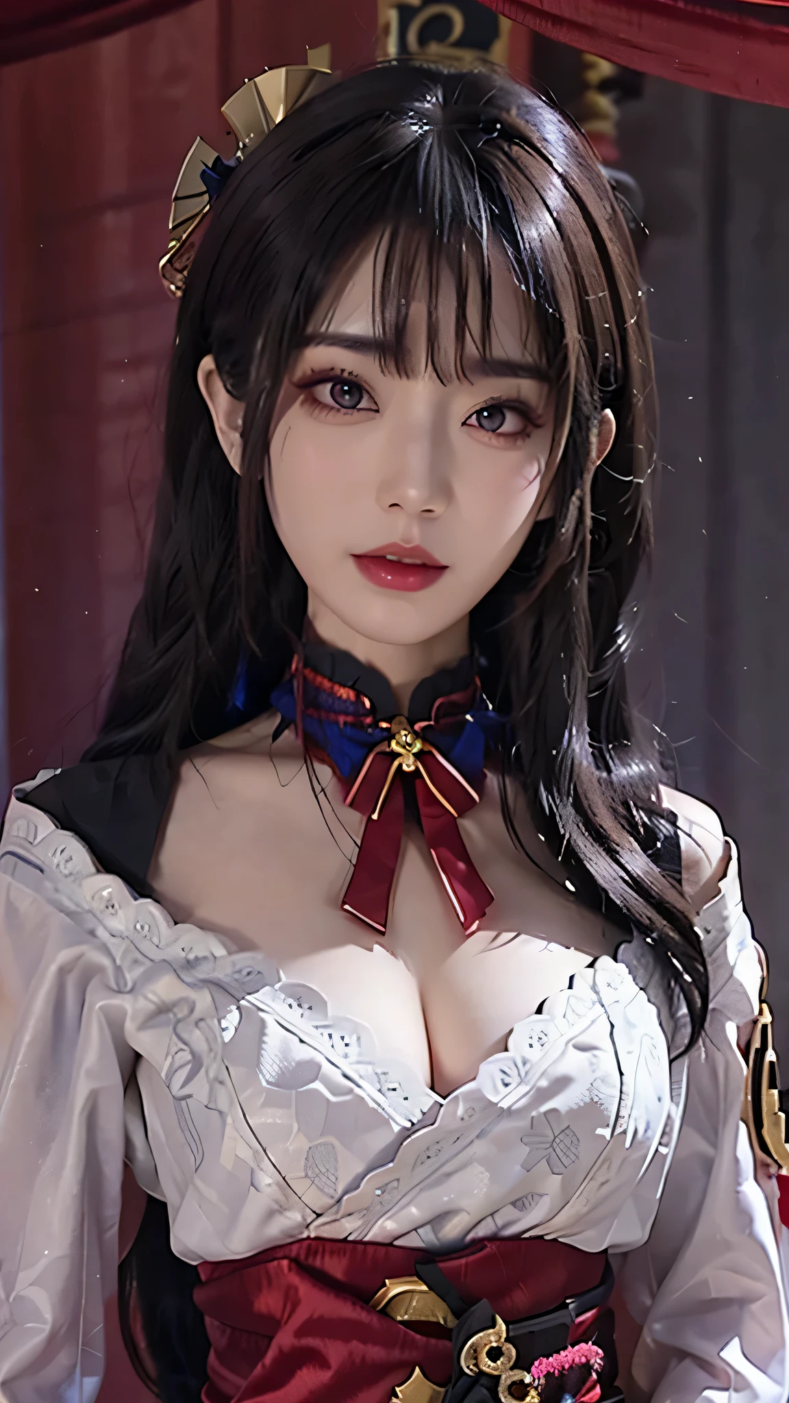 NSFW, masterpiece, best quality, super detailed, semi-realistic, Detailed facial features, , white hair, long hair, red eyes, Xian Xia costume,exquisite and complex.