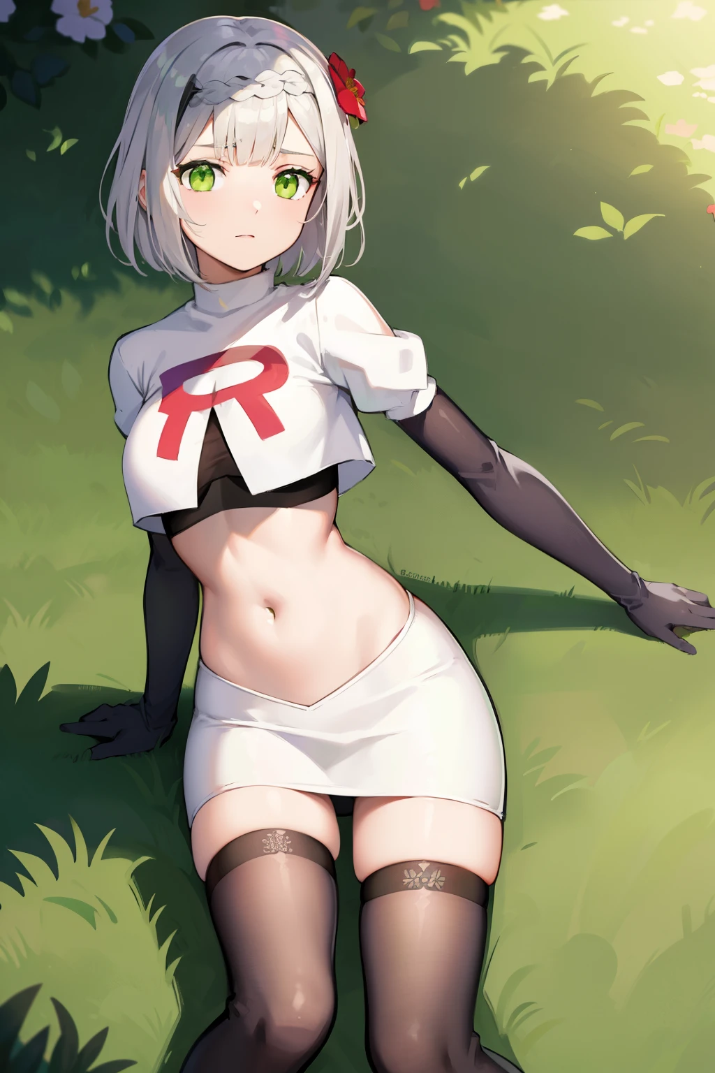 genshinnoelle, noelle, braid, flower, hair flower, hair ornament, short hair, silver hair, (green eyes:1.5),team rocket,team rocket uniform,white skirt,red letter R,crop top,black thigh-highs,black elbow gloves 