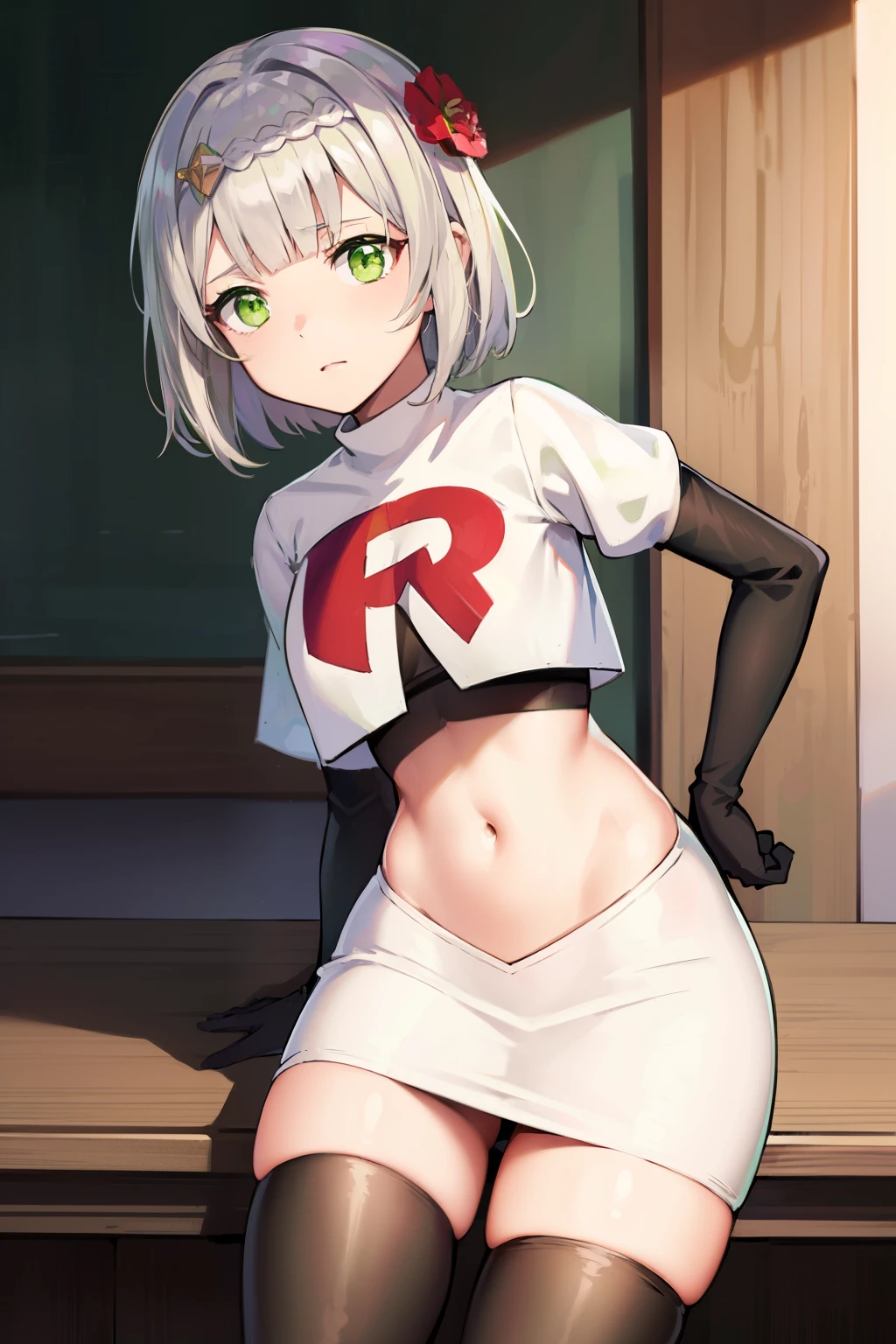 genshinnoelle, noelle, braid, flower, hair flower, hair ornament, short hair, silver hair, (green eyes:1.5),team rocket,team rocket uniform,white skirt,red letter R,crop top,black thigh-highs,black elbow gloves 