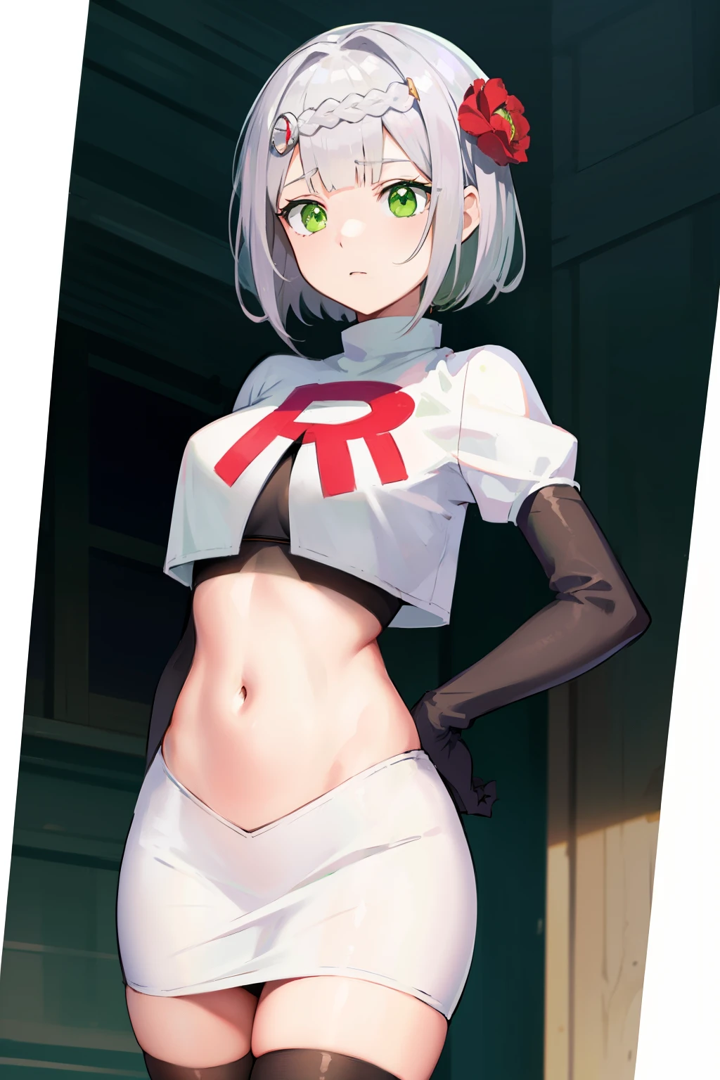 genshinnoelle, noelle, braid, flower, hair flower, hair ornament, short hair, silver hair, (green eyes:1.5),team rocket,team rocket uniform,white skirt,red letter R,crop top,black thigh-highs,black elbow gloves 