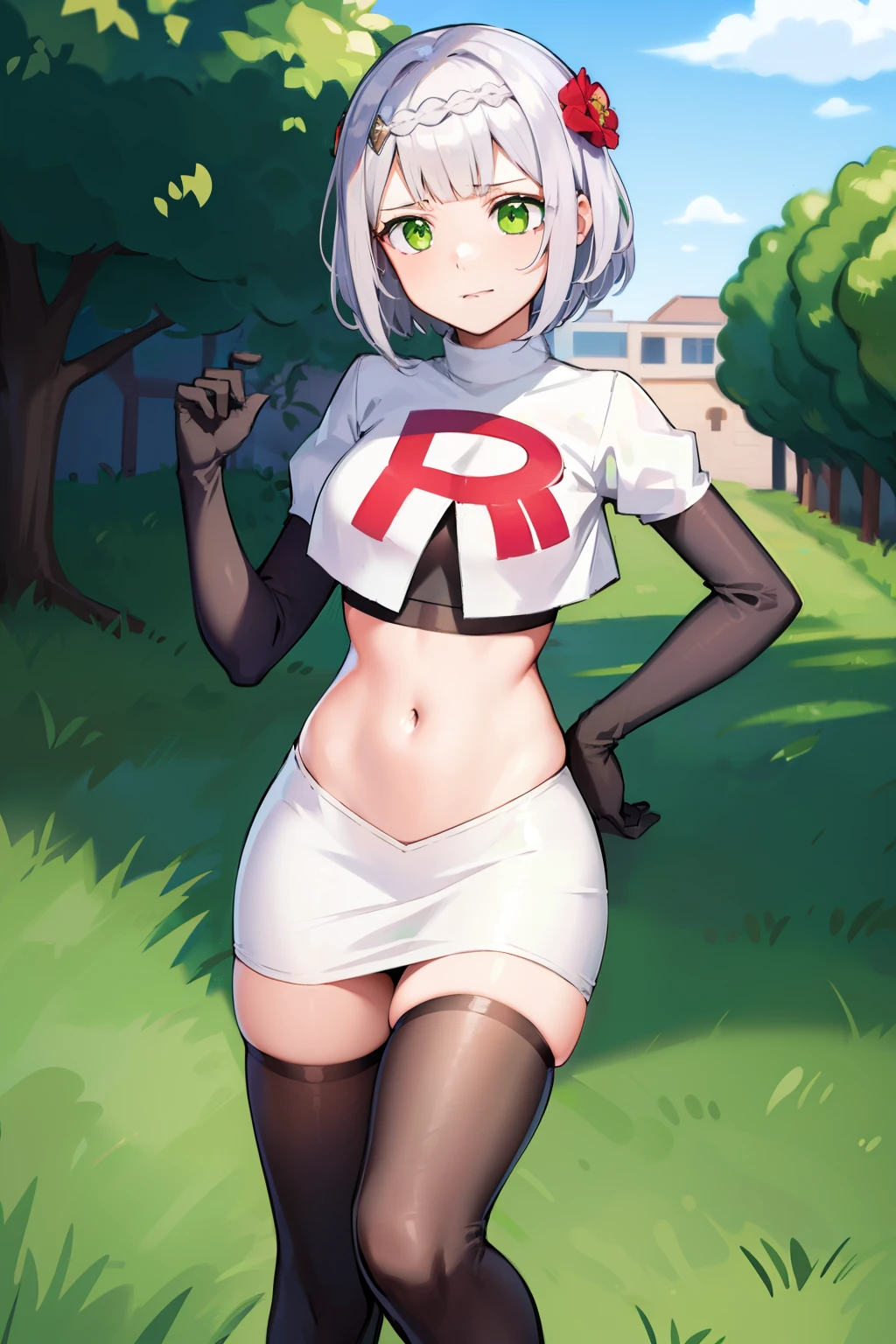 genshinnoelle, noelle, braid, flower, hair flower, hair ornament, short hair, silver hair, (green eyes:1.5),team rocket,team rocket uniform,white skirt,red letter R,crop top,black thigh-highs,black elbow gloves 