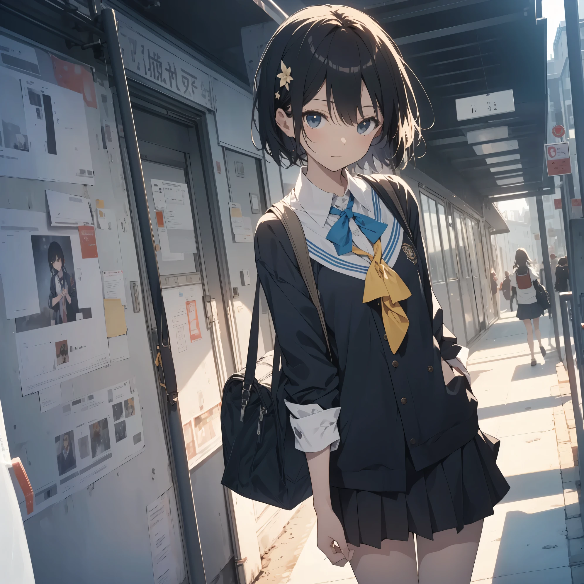 Ultra-highest quality by the art god, super detailed, High resolution, anime moe art style, Best Anime 8K Kona-chan Wallpaper, pixiv contest winner, perfect anatomy, break,(眠そうにalone学校へ行く女の子を描いてください. )break, 1 girl,(alone,little woman,:1.3),All limbs, full finger,, immature charm, (very short hair,boyish hair), bangs, flat chest, Because I'm slender, thin body, small ass, between legs, Big eyes, black eye, detailed and beautiful eyes, Well-proportioned iris and pupils, expressive eyes, High resolutionの詳細な髪, ribbon, Ascot, school uniform, school bag.(detailed lighting), (detailed background), On the way to school. break,super dense skin, Best lighting by famous artists, 8k, figure,Hmm, rough skin
