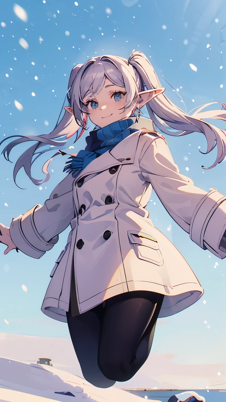 空に向かってjump、raise your arms、jump、elf、silver hair、twin tails、smiling、snowy blue sky、1 girl、whole body、wearing a blue waffle coat、Wearing a muffler、It's snowing、Red earrings、