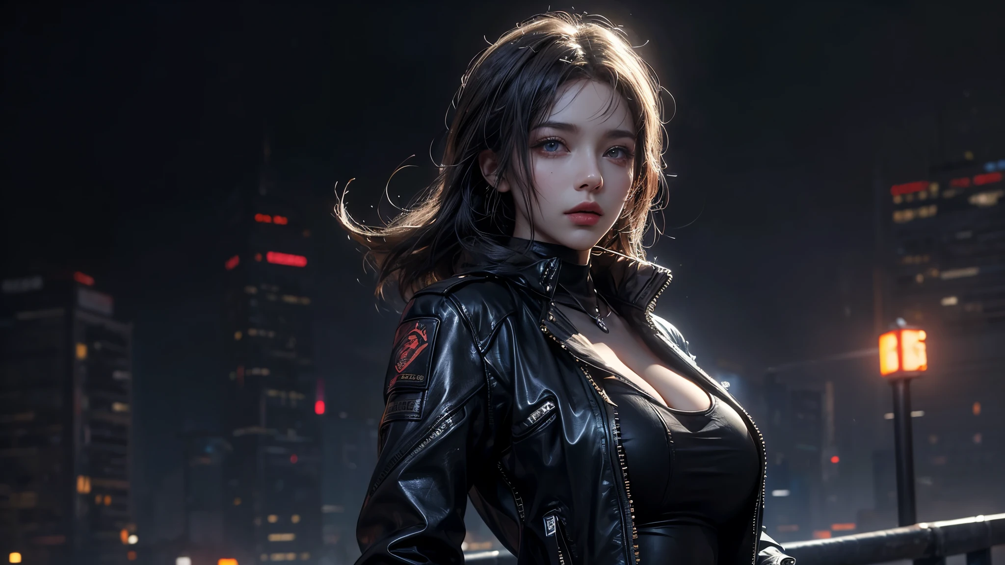 masterpiece,quality,Best quality,official art,(Beauty and Aesthetics:1.2),(masterpiece:1.3),city of the future,cyberpunk characters,a girl,tight leather jacket,Sexy figure,looking at camera,(Close-up cleavage:1.8),volumetric fog,drama,night,