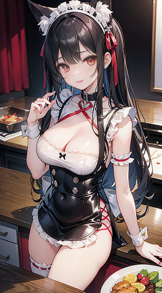 high quality, masterpiece, Super detailed, 1 girl, and clearly visible, alone, Red lace latex maid outfit,Maid tiara,BDSM,handcuffs,collar,calm expression,bright red lips,Smile,handcuffs,collar,long black hair, charming pink eyes, fox ears, Ridiculously big, shiny skin, Stand at the table,Cooking,Bright restaurant