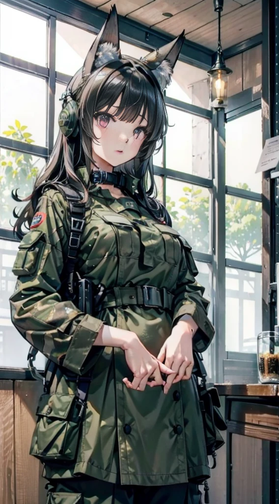 high quality, masterpiece, Super detailed, 1 girl,   extremely detailed eyes，extremely detailed face, Green camouflage military uniform，Gray helmet，BDSM,handcuffs，collar，calm expression,bright red lips，handcuffs，collar，long black hair, charming pink eyes, fox ears, Ridiculously big, shiny skin, Standing beside the ruins，forest，damaged warehouse，Holding a rifle，